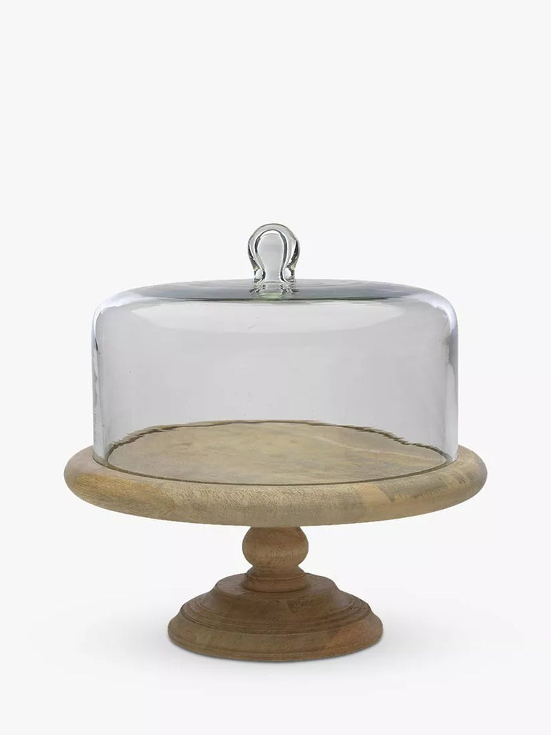 nkuku cake stand with recycled glass dome and mango wood 35.5cm, UK version