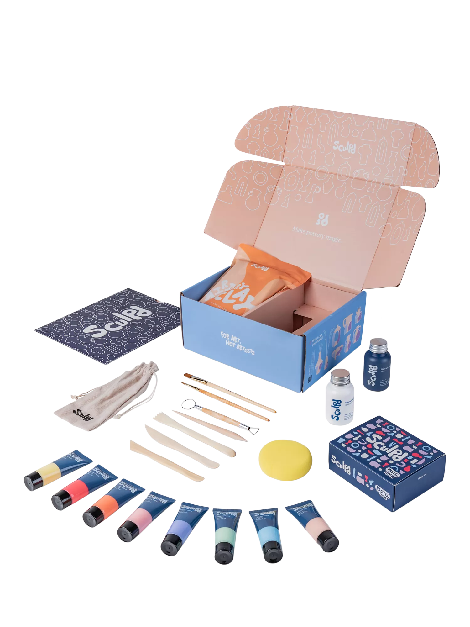 Sculpd pottery starter bundle with gloss varnish and pastel paint set, UK version