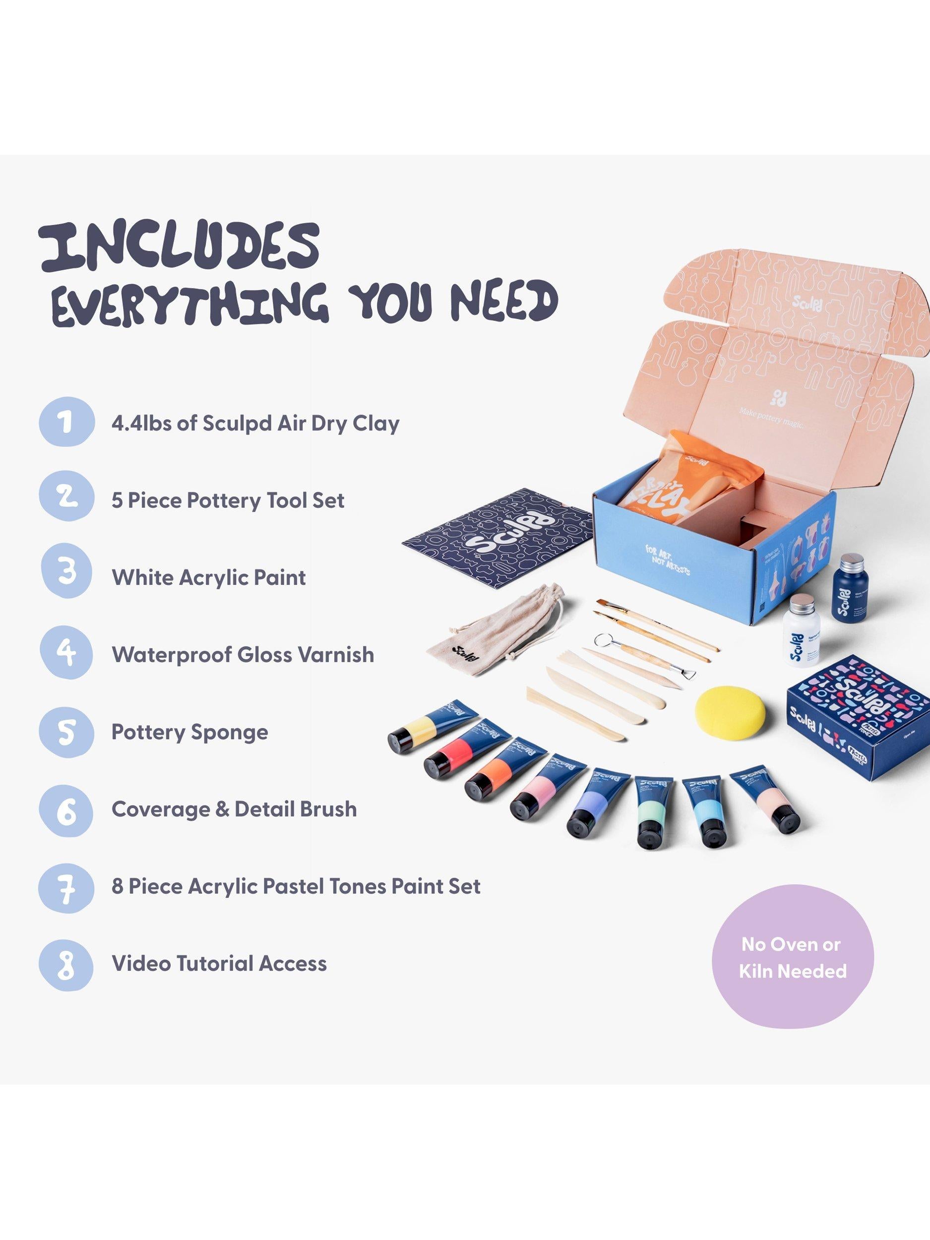 Sculpd pottery starter bundle with gloss varnish and pastel paint set, UK version