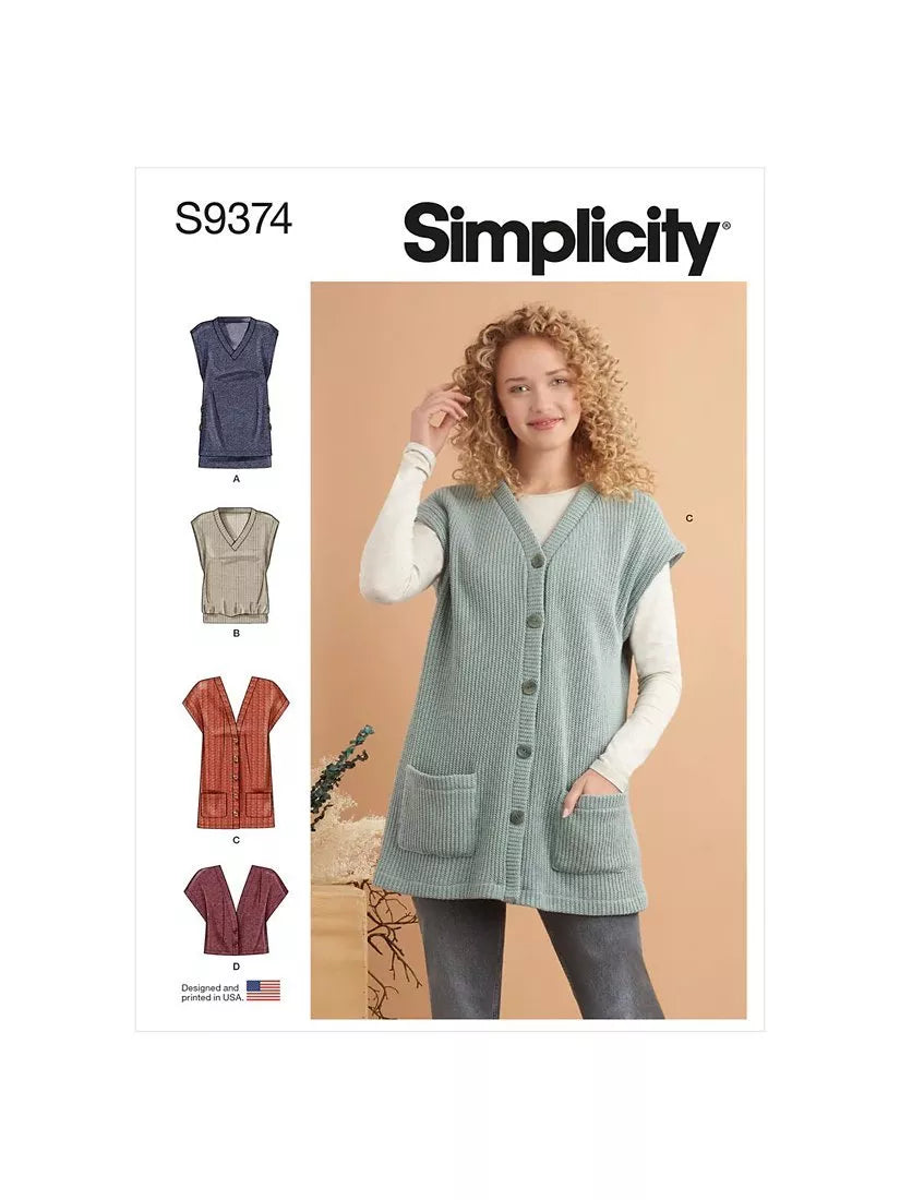 Simplicity sewing pattern Knit Button Front Vests S9374, imported from the UK