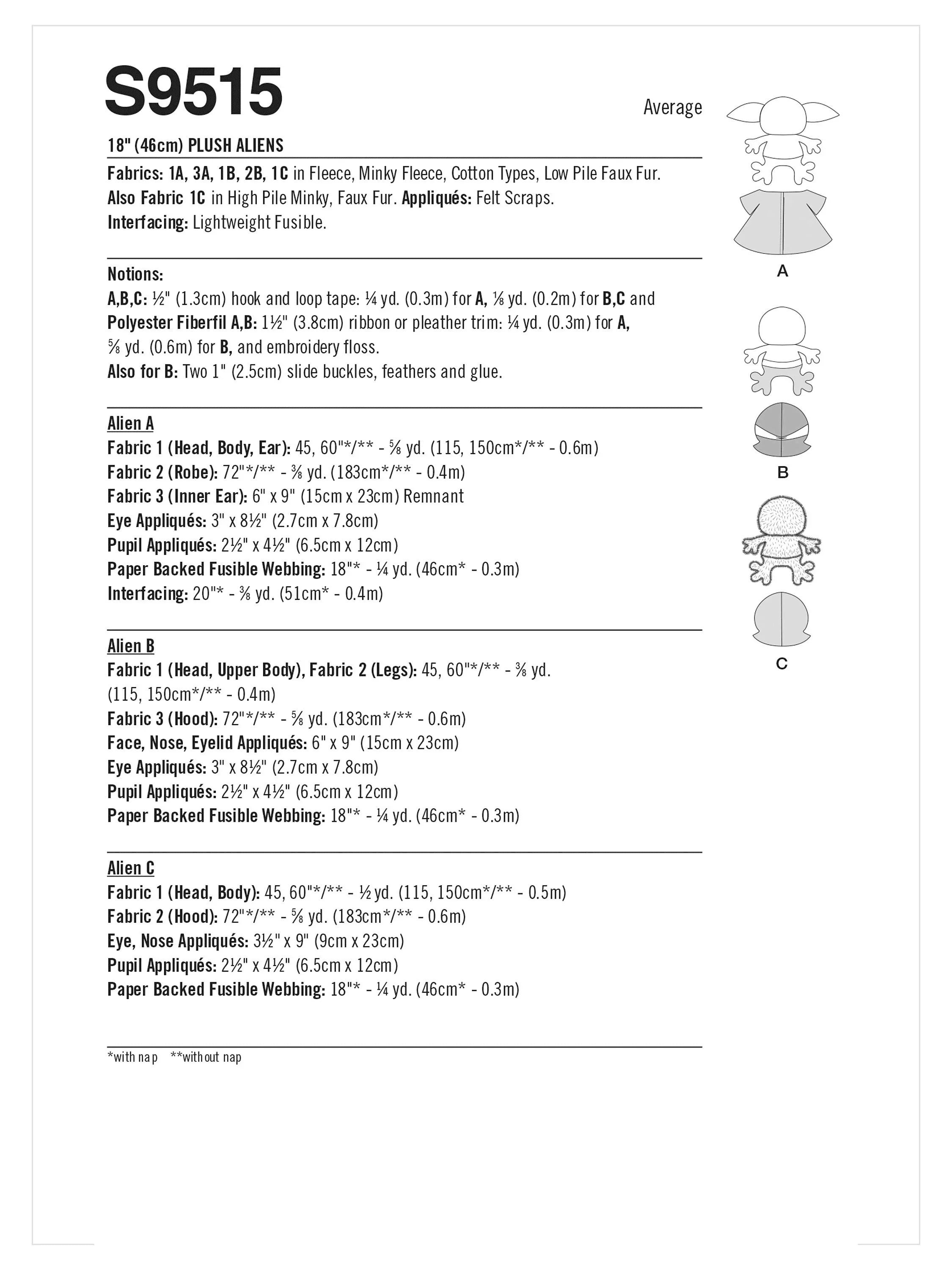 Simplicity S9515 plush aliens sewing pattern, imported from the UK