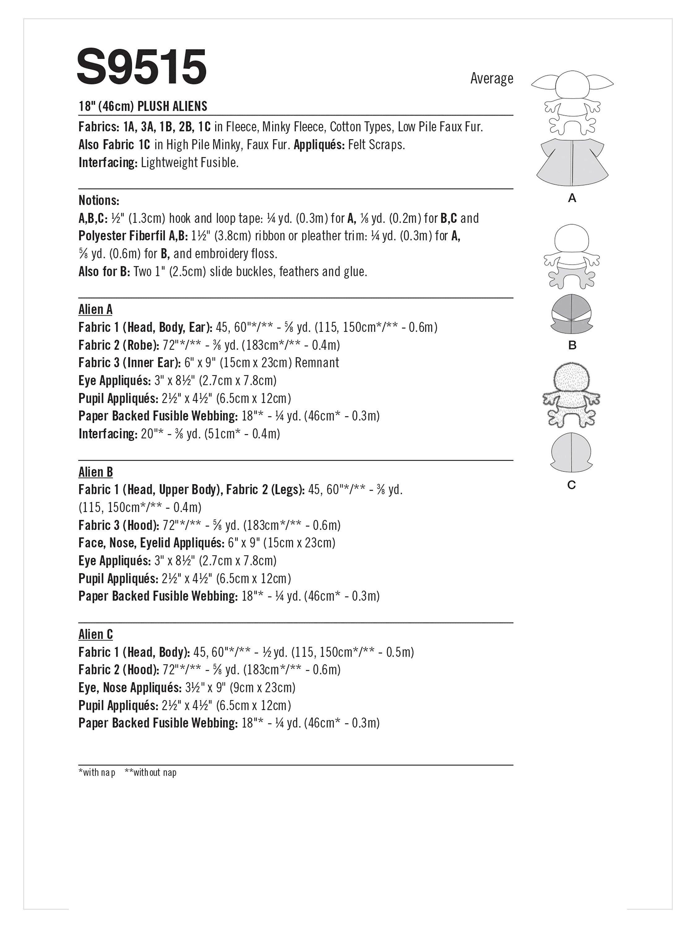 Simplicity S9515 plush aliens sewing pattern, imported from the UK