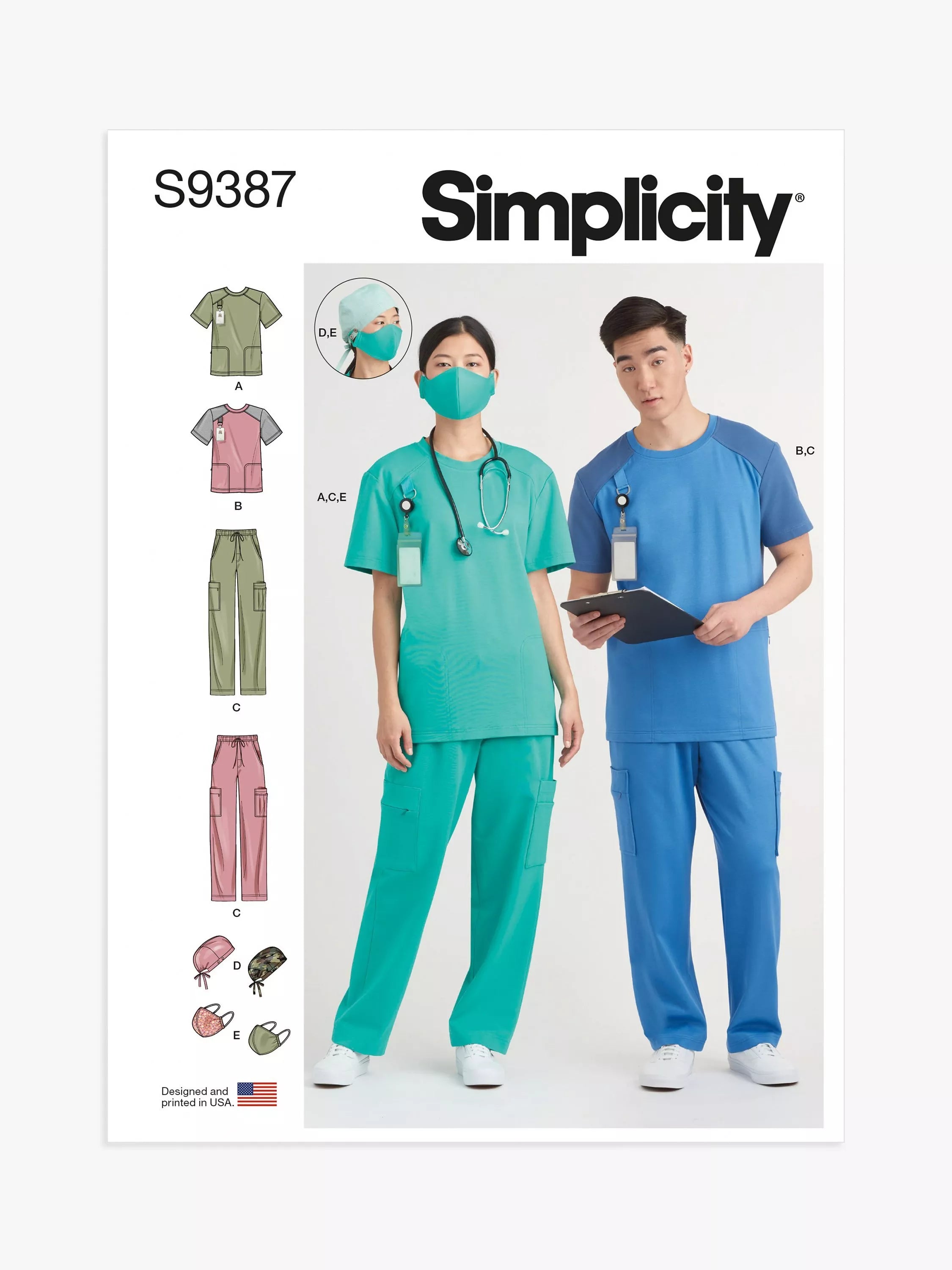 Simplicity sewing pattern unisex knit scrubs set S9387, UK version