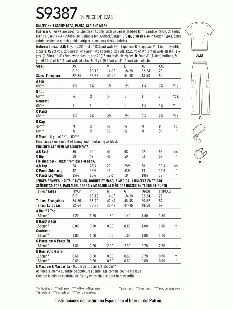 Simplicity sewing pattern unisex knit scrubs set S9387, UK version