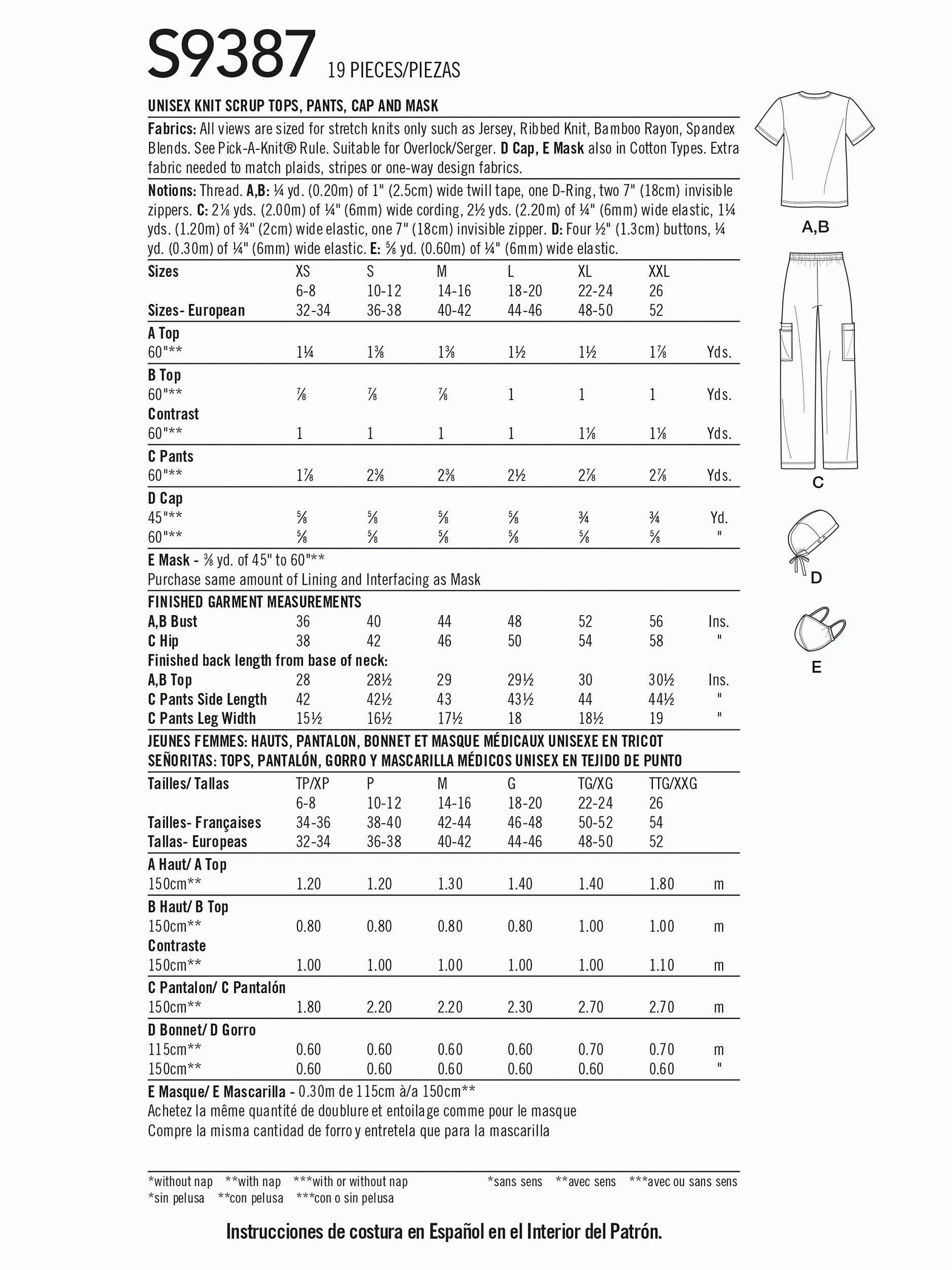 Simplicity sewing pattern unisex knit scrubs set S9387, UK version