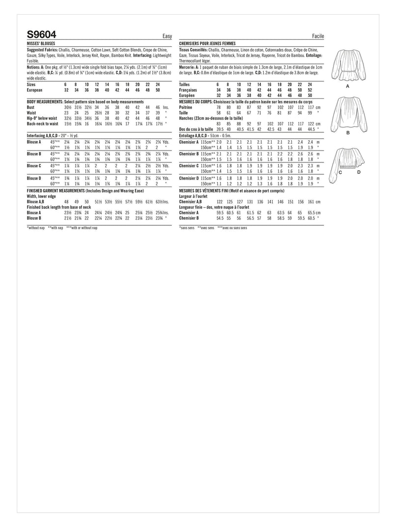 Simplicity misses blouses sewing pattern S9604, UK version
