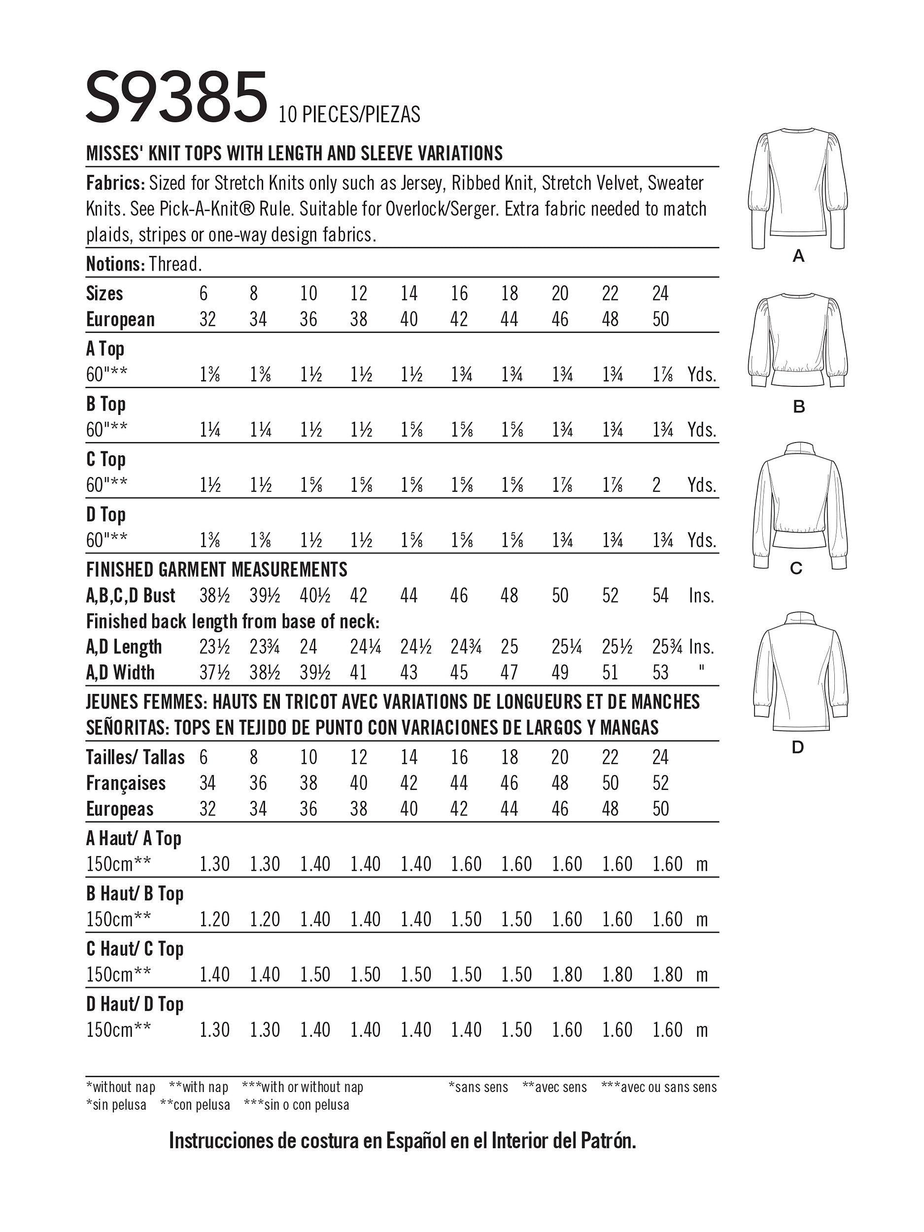 Simplicity sewing pattern S9385, imported from the UK