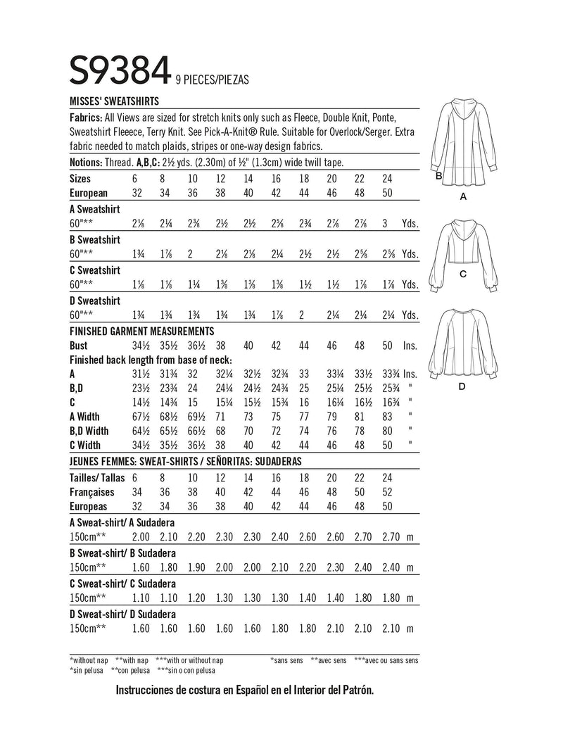 Simplicity S9384 misses sweatshirt sewing pattern - British product