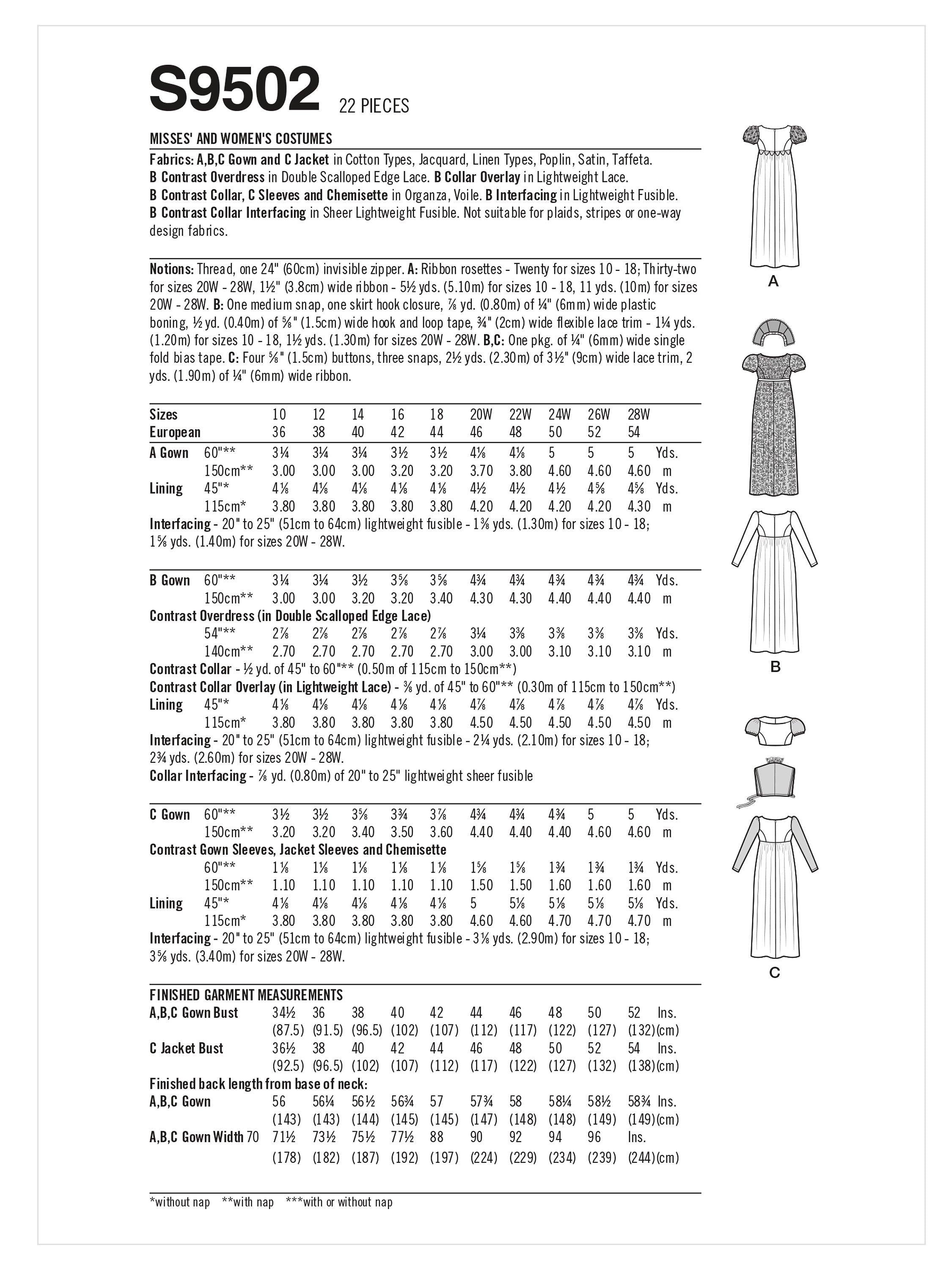 Simplicity S9502 Regency costume sewing pattern, UK version