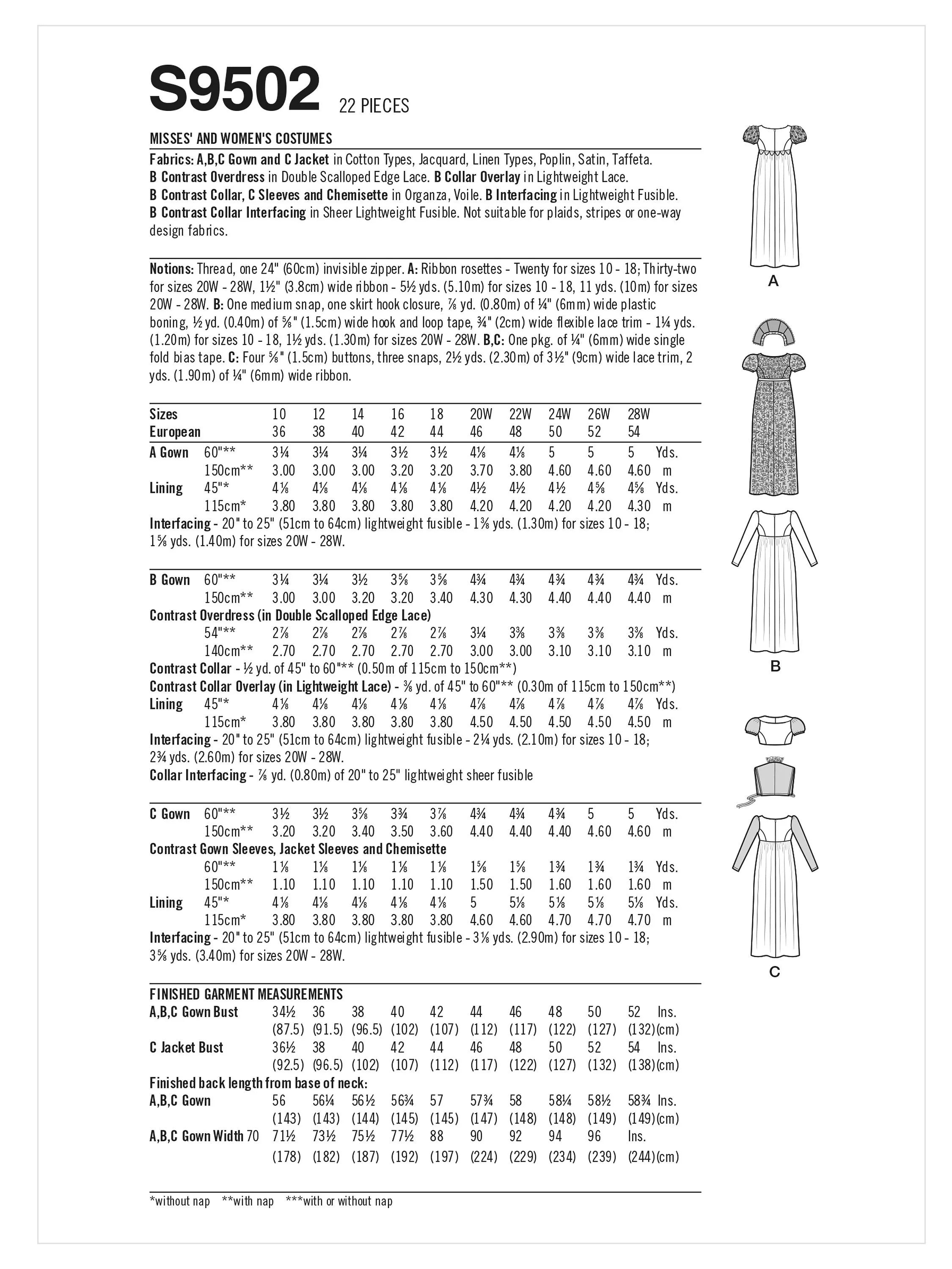 Simplicity S9502 Regency costume sewing pattern, UK version