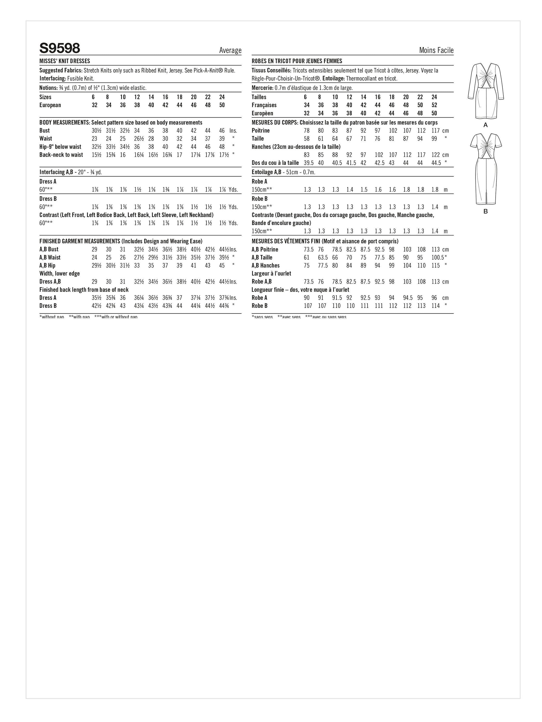 Simplicity sewing pattern S9598, imported from the UK