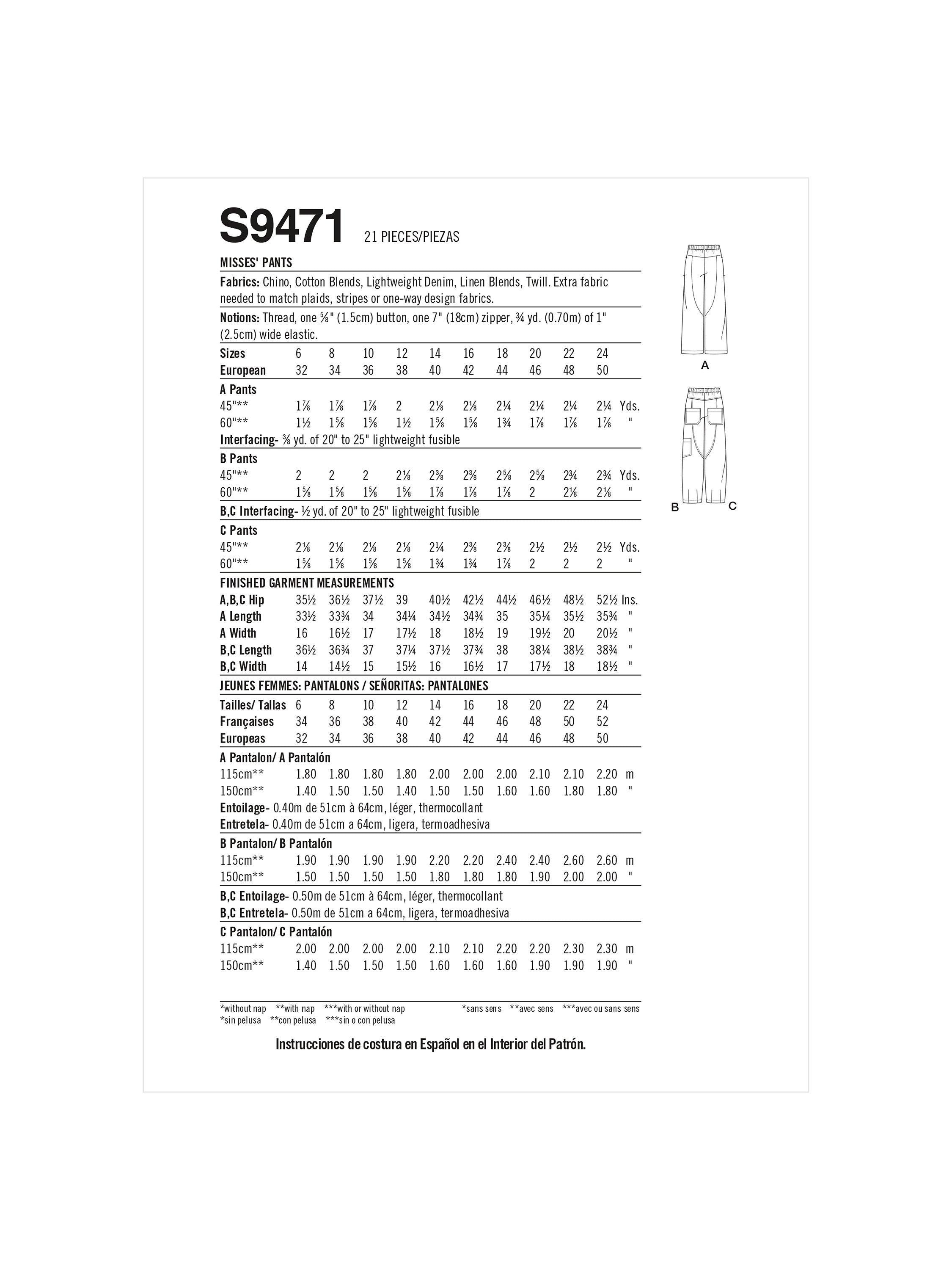 Simplicity Misses Cropped Pants Sewing Pattern S9471, UK version