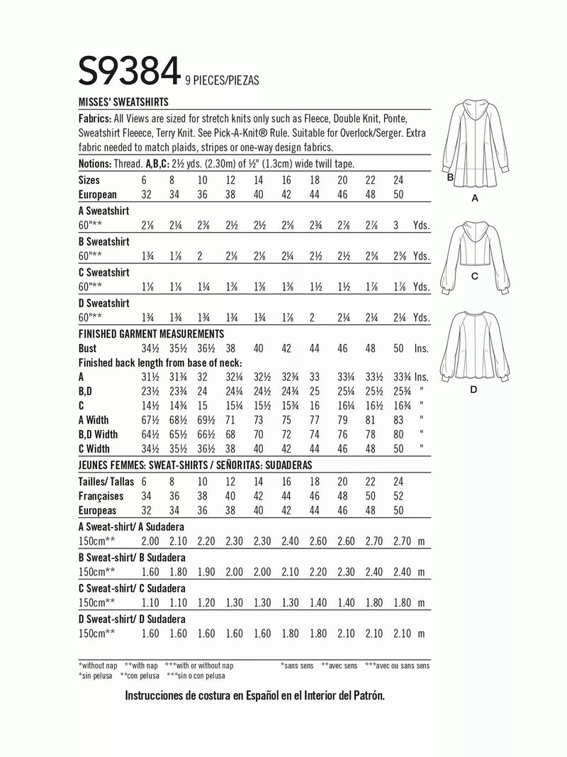 Simplicity sewing pattern misses' sweatshirts S9384 H5, UK version