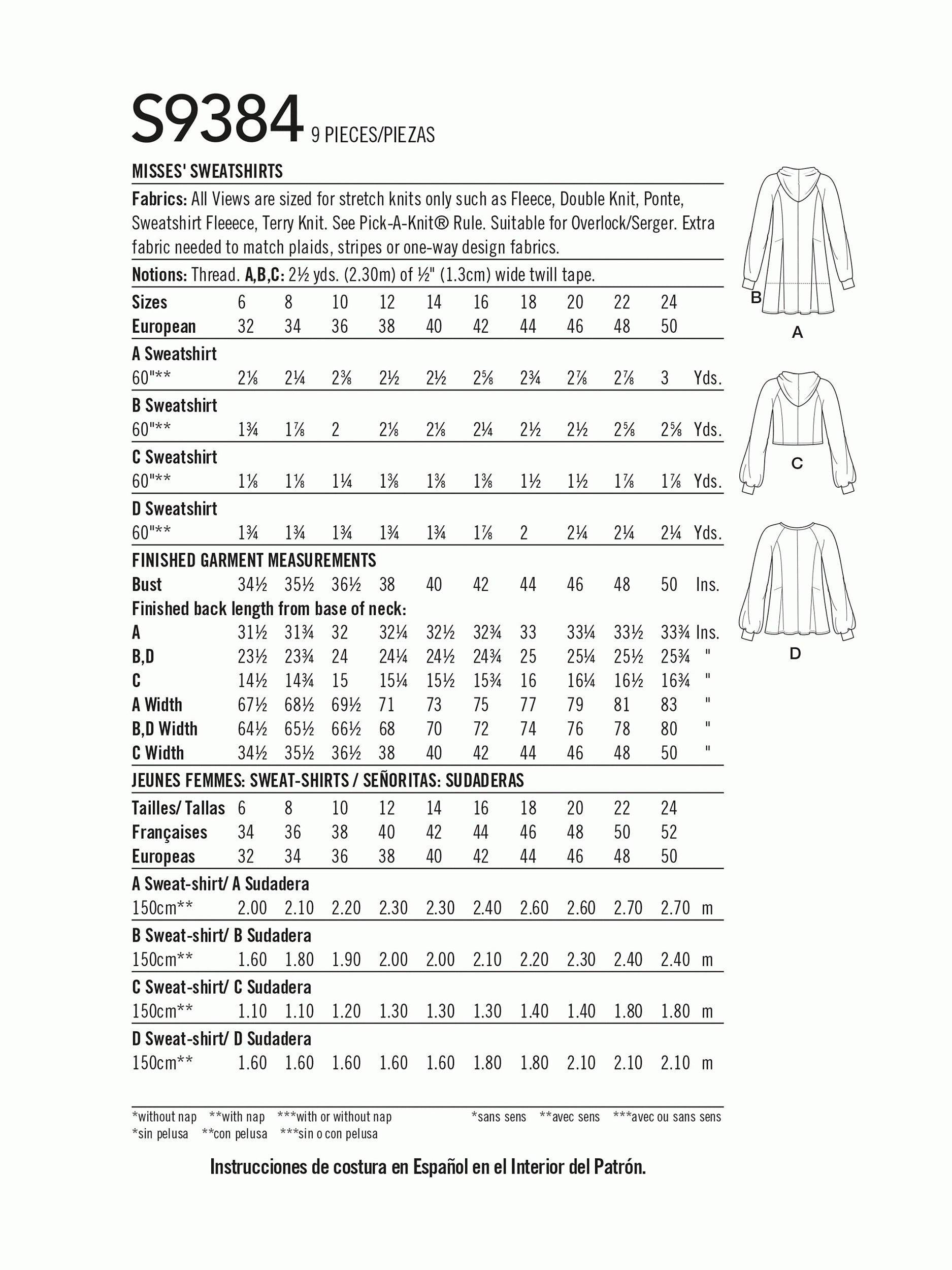 Simplicity sewing pattern misses' sweatshirts S9384 H5, UK version
