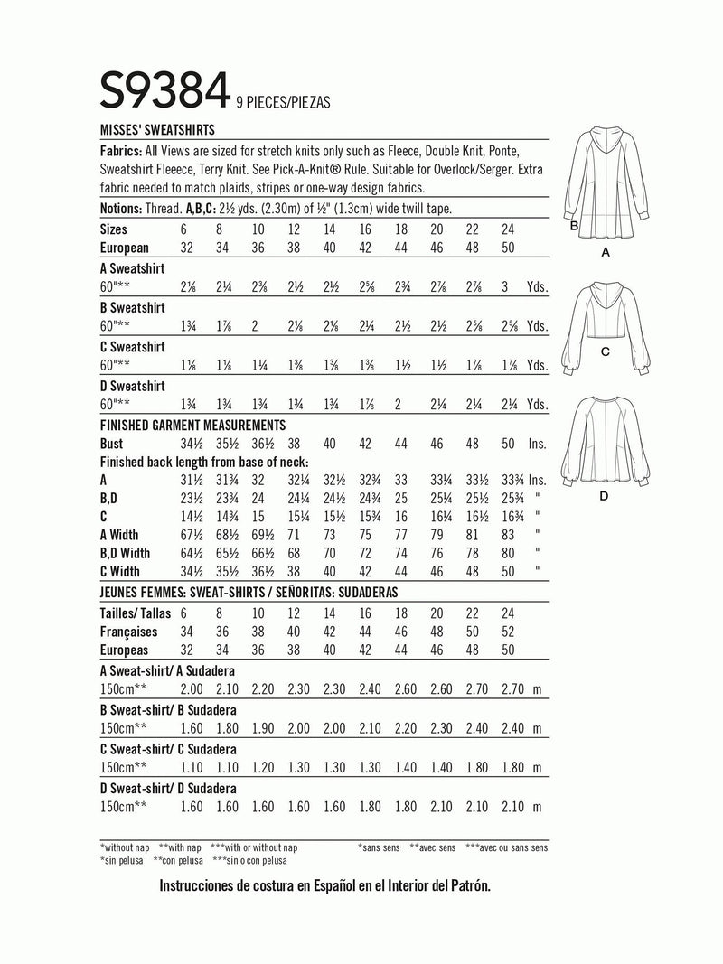 Simplicity sewing pattern misses' sweatshirts S9384 H5, UK version