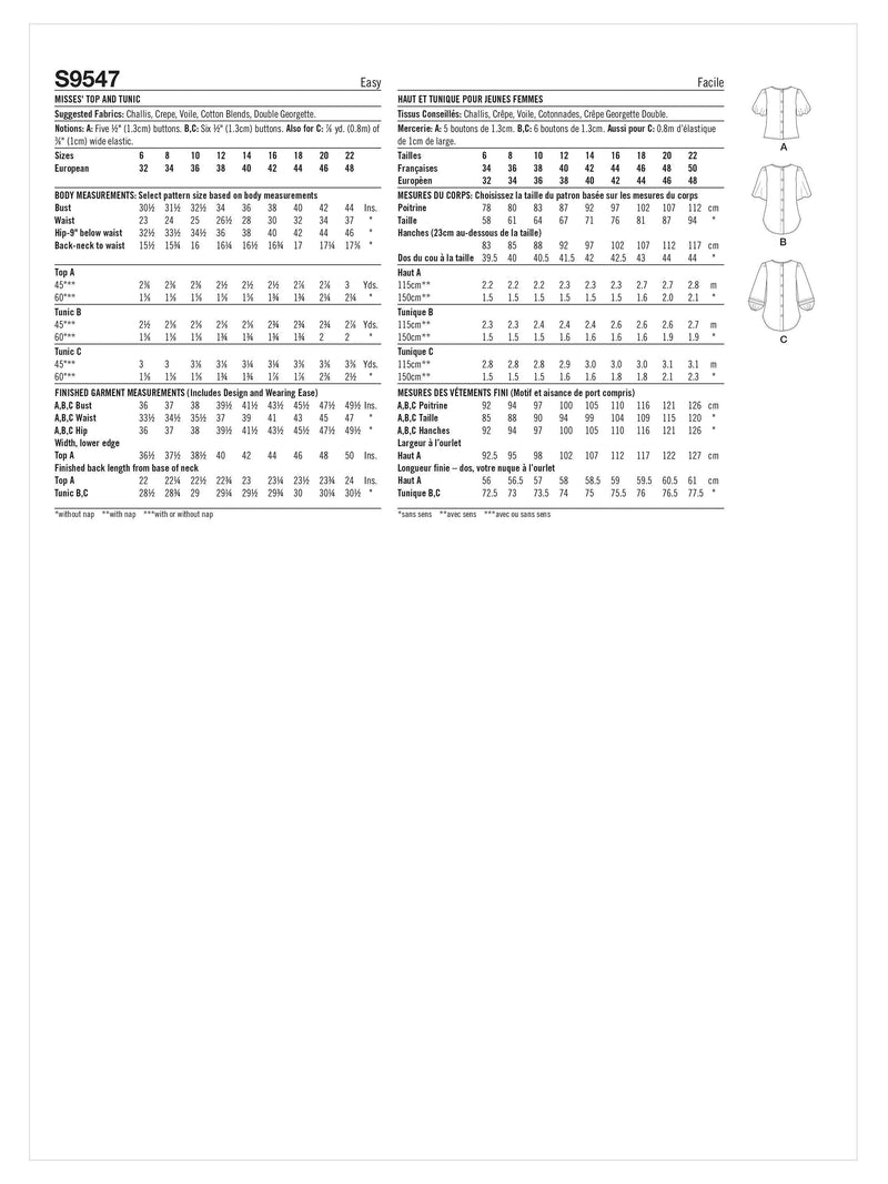 Simplicity sewing pattern S9547 imported from the UK