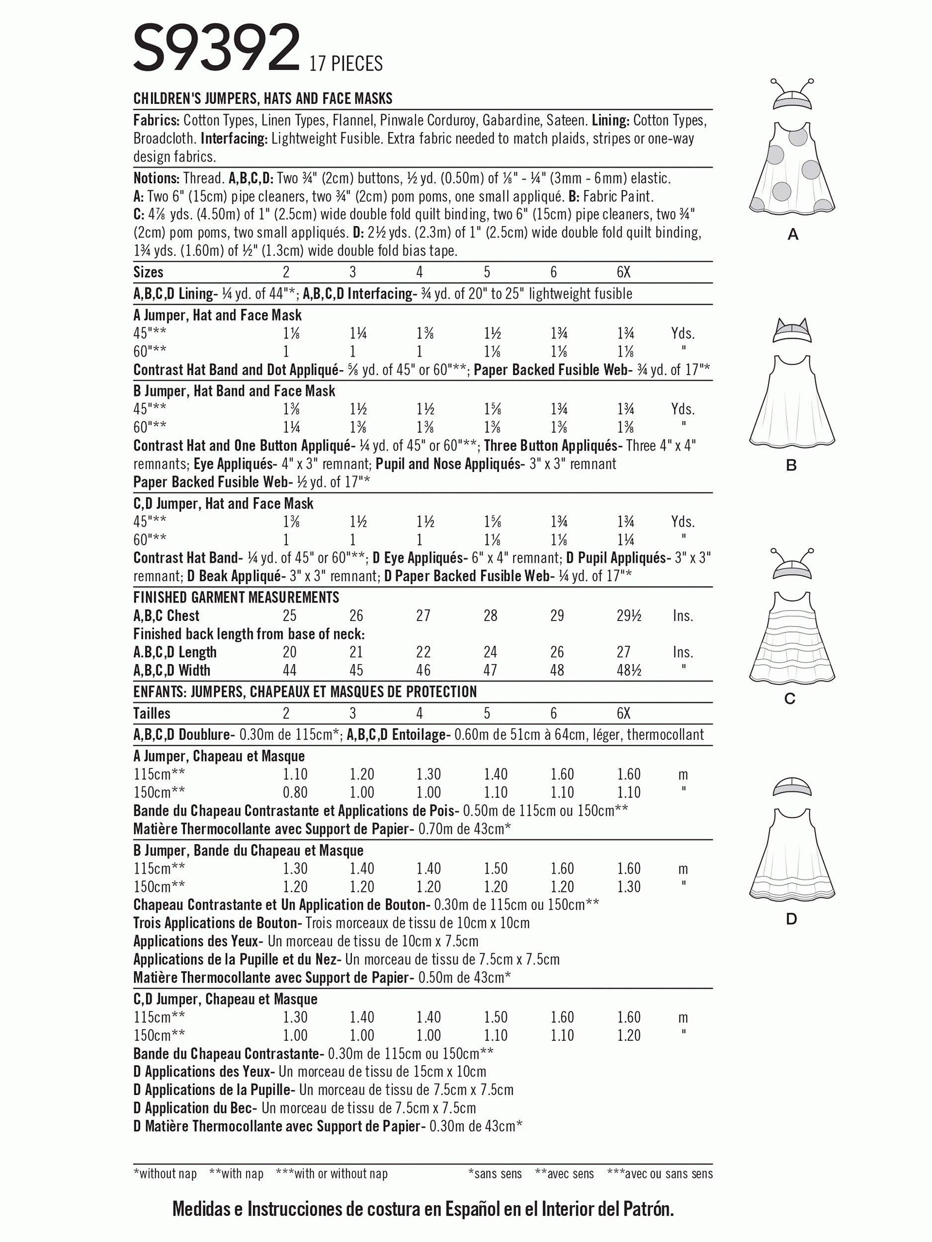 Simplicity sewing pattern for children's jumpers hats and face masks, UK version