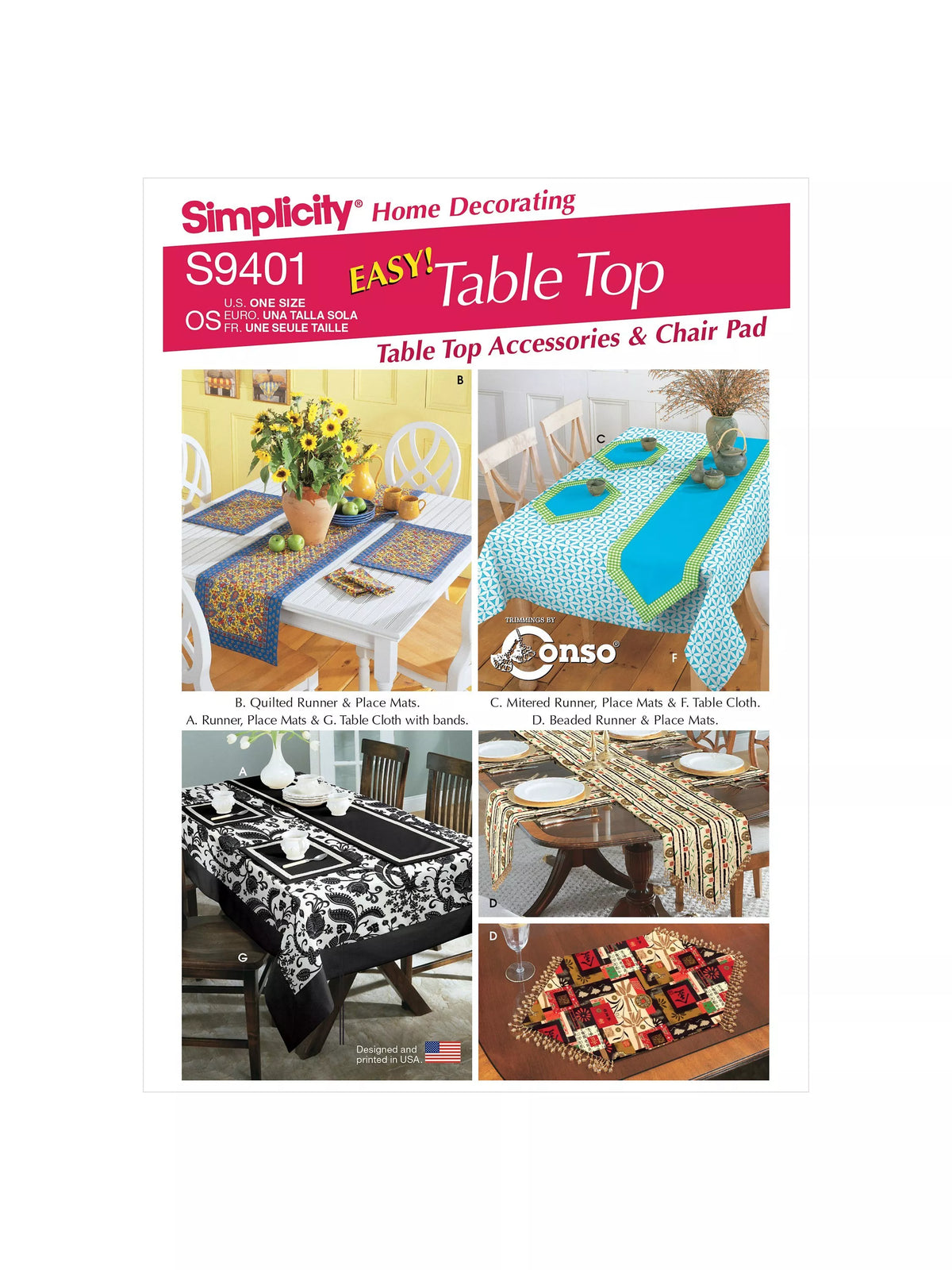 Simplicity table accessories sewing pattern S9401 OS (British brand)