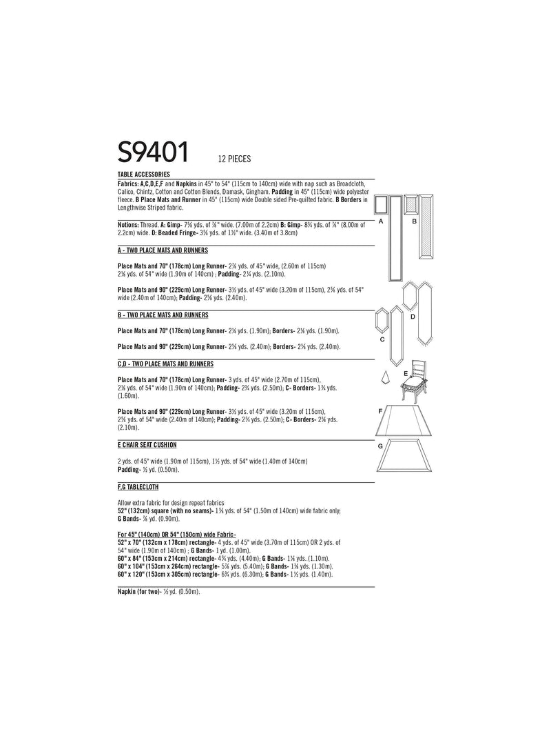Simplicity table accessories sewing pattern S9401 OS (British brand)