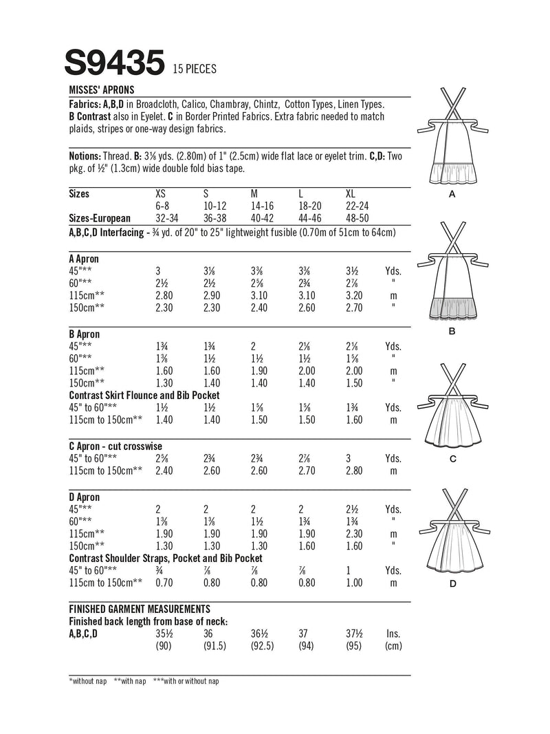 Simplicity Misses' Aprons sewing pattern S9435 - British product