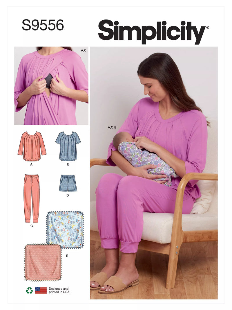 Simplicity S9556 sewing pattern for nursing tops, pants, shorts, blanket (British brand)
