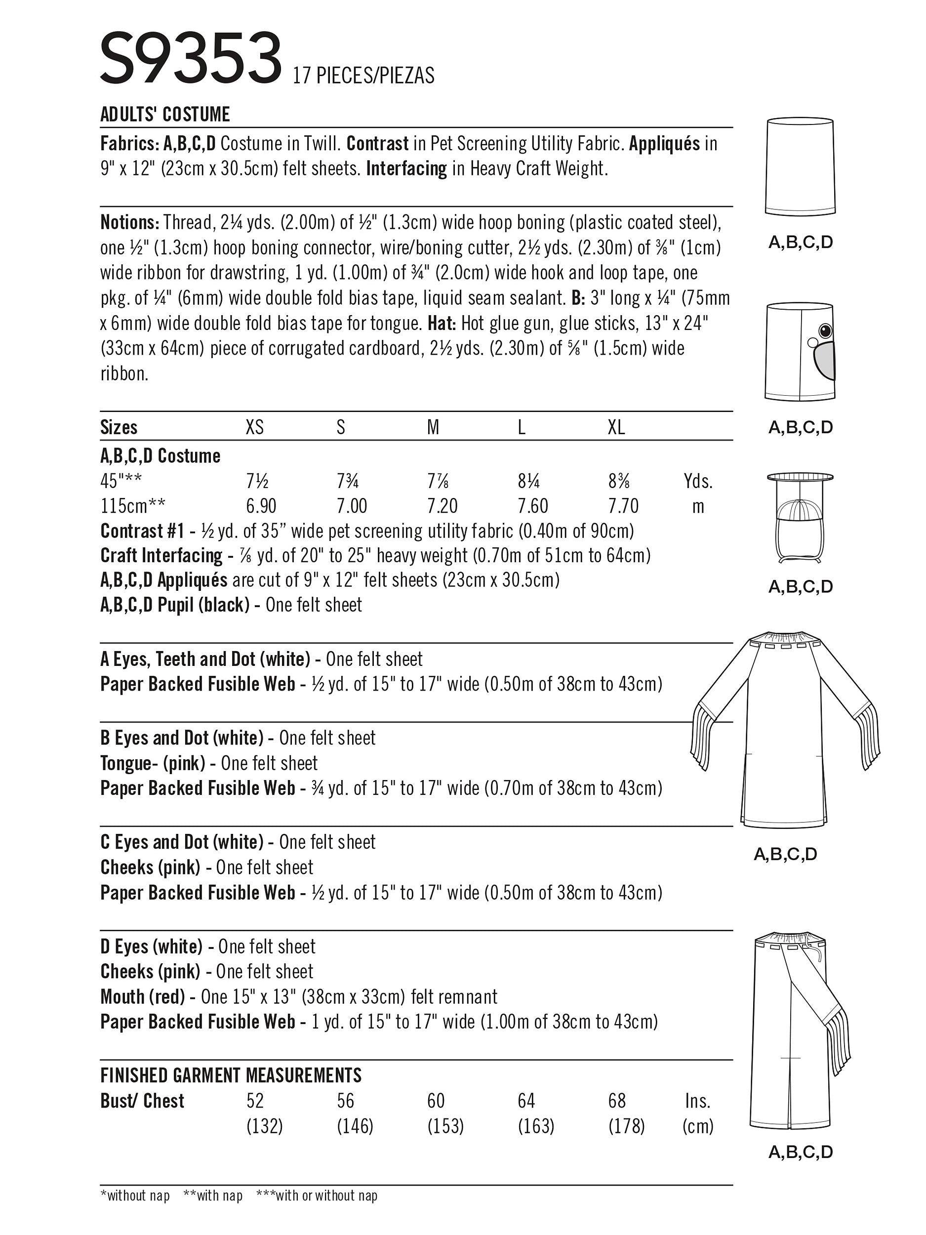 Simplicity Tube People costume sewing pattern XS-XL (British brand)