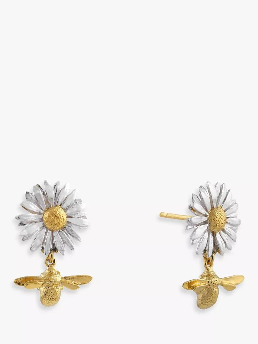 Alex Monroe drop earrings daisy and baby bee design, imported from the UK
