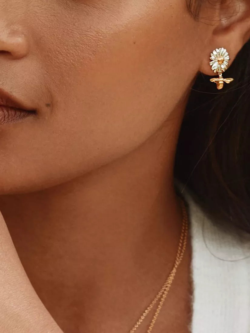 Alex Monroe drop earrings daisy and baby bee design, imported from the UK