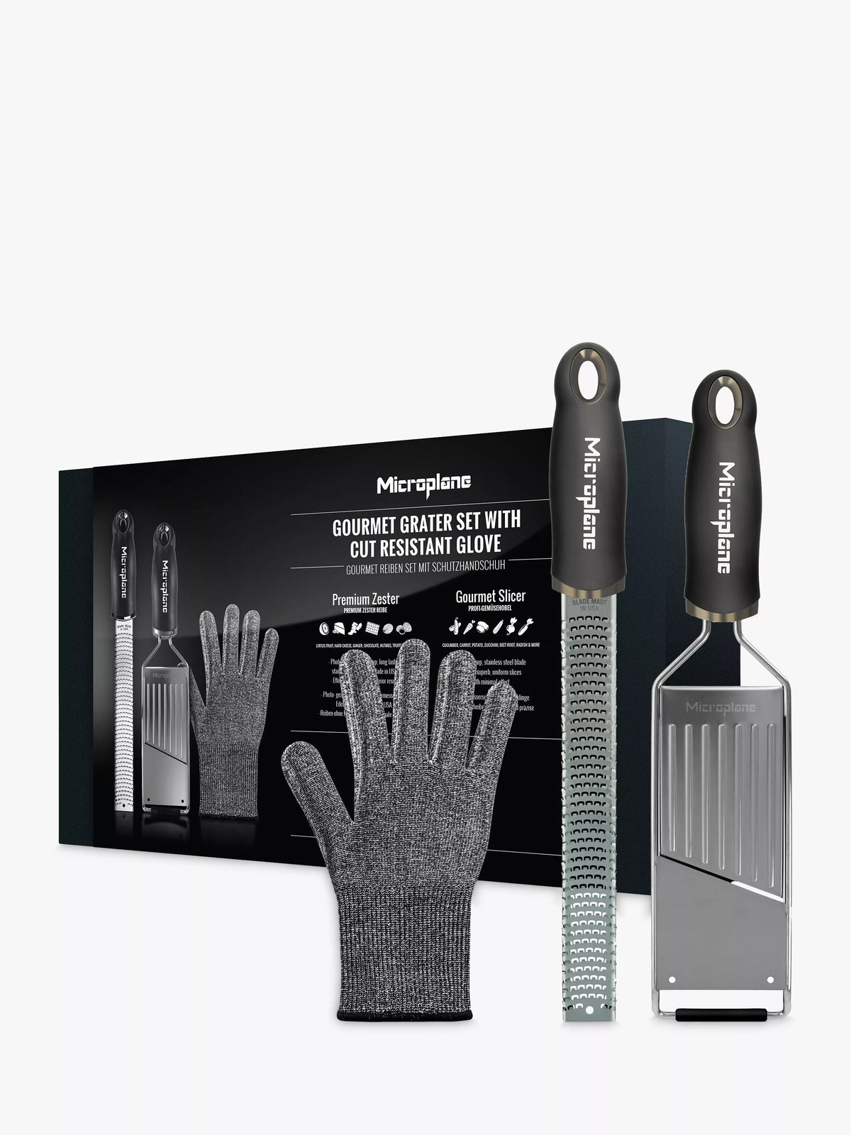 Microplane grater set with zester, slicer, and safety glove, imported from the UK