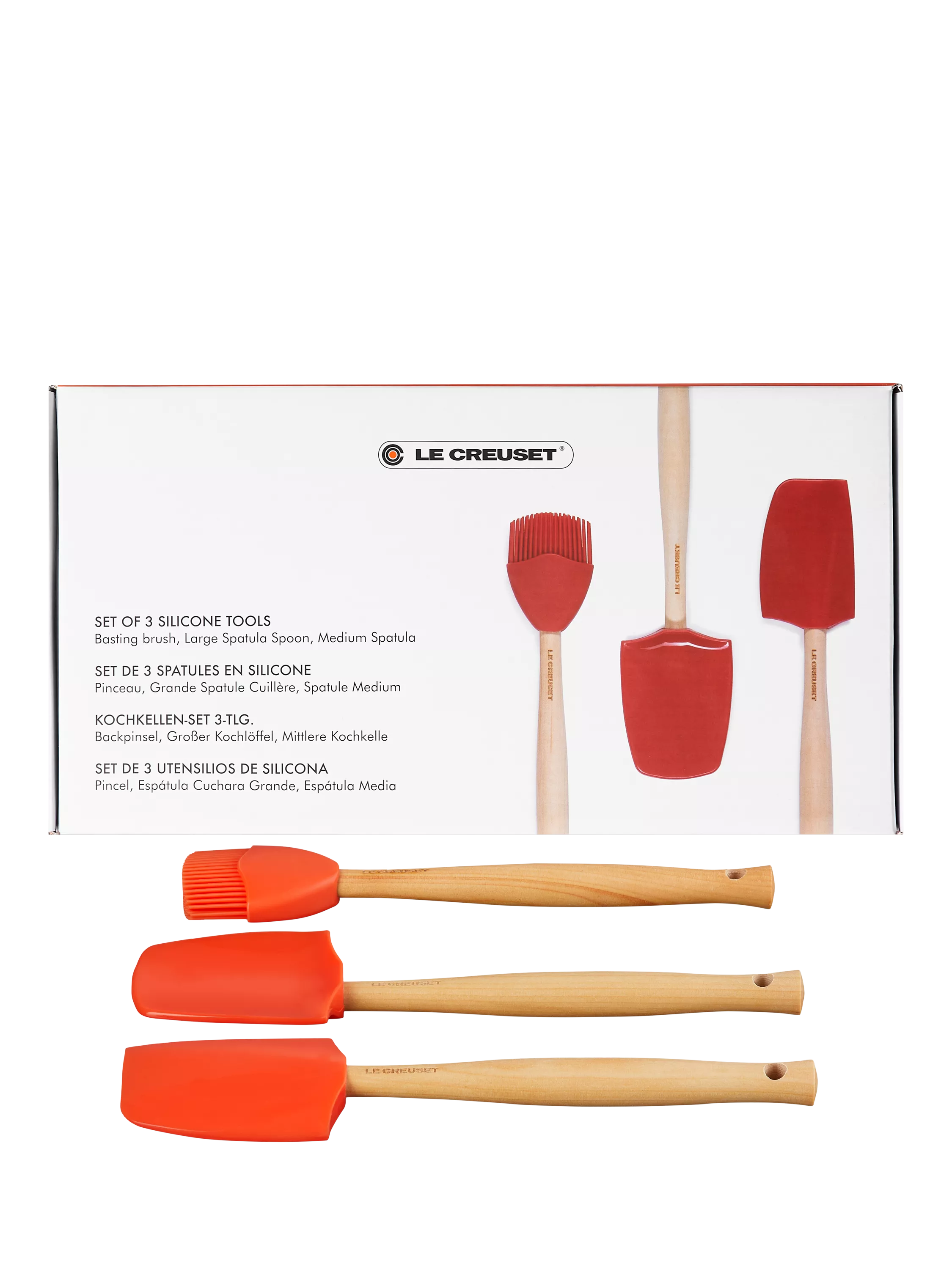 Le Creuset silicone utensil tools set of 3 in orange volcanic, UK version