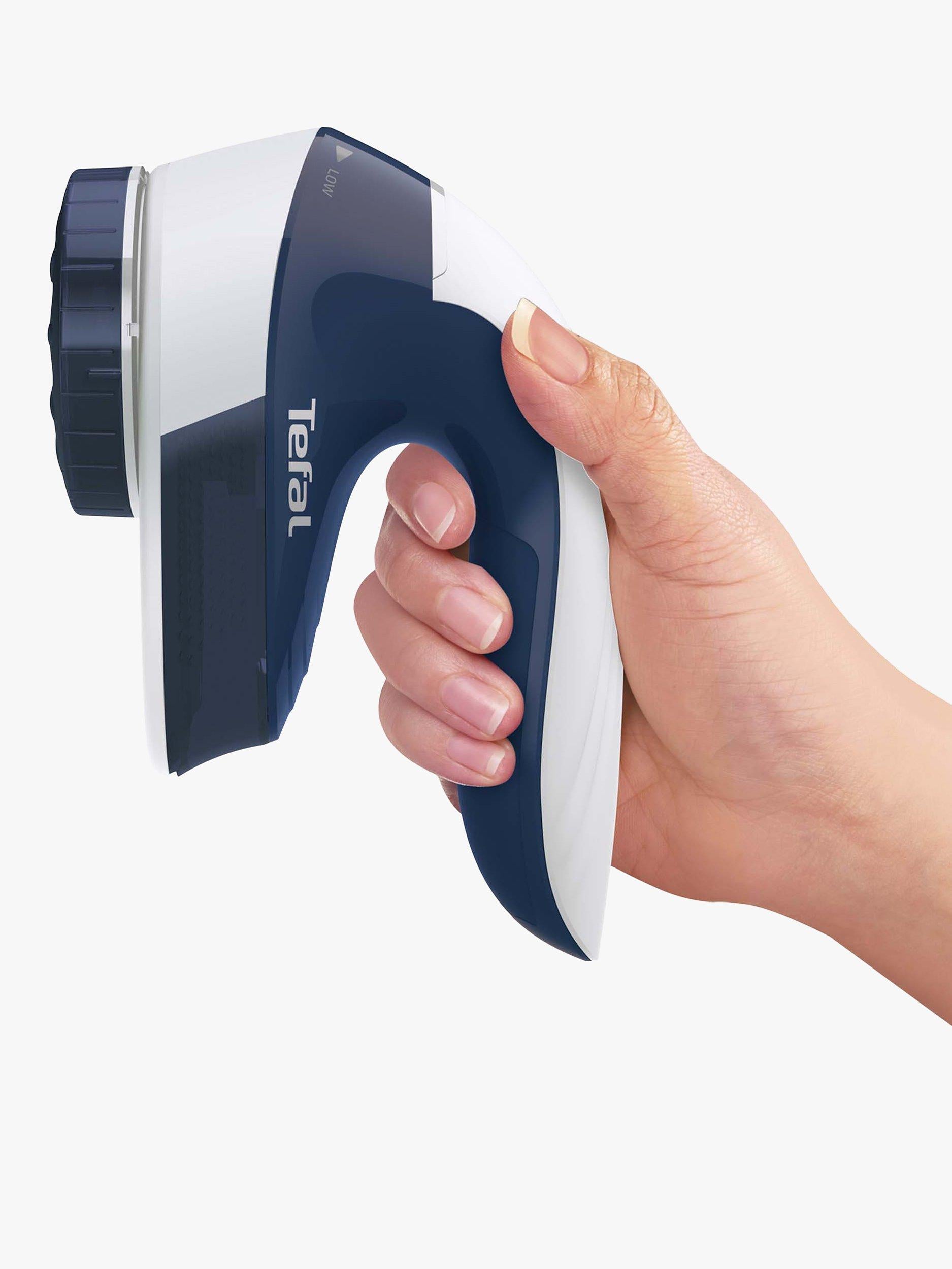 Tefal fabric shaver with adjustable head in blue and white, UK version