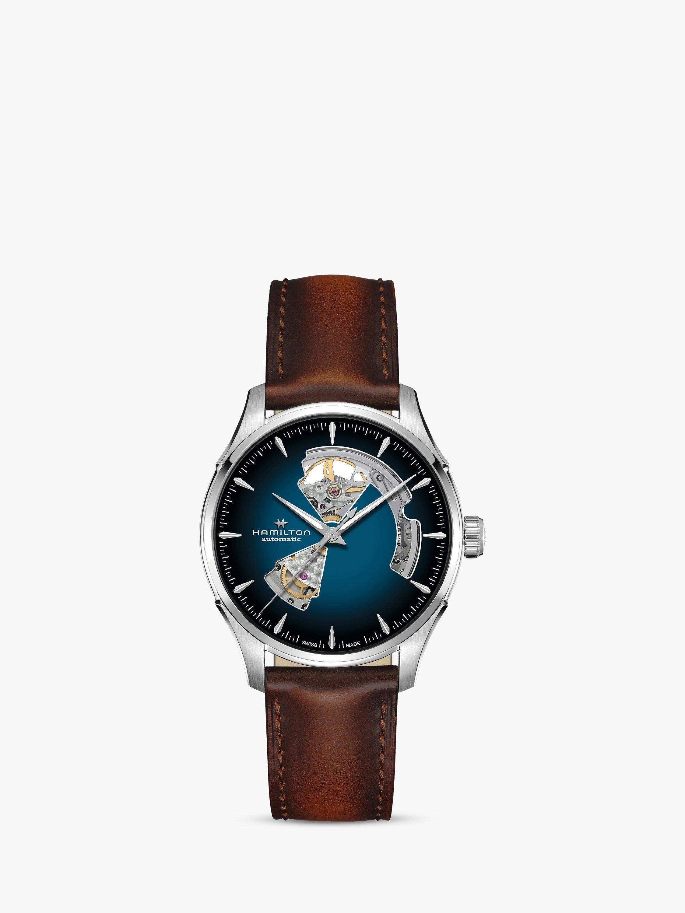 Hamilton men's automatic open heart watch with leather strap in brown and blue, UK version