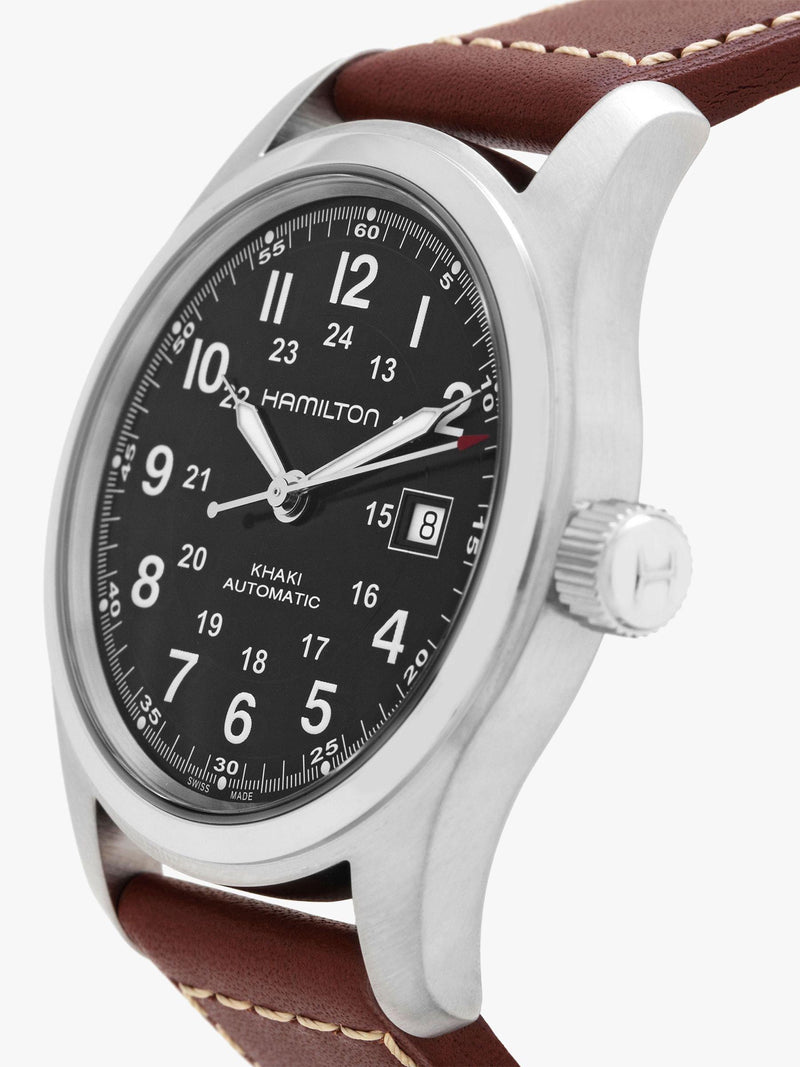 Hamilton Khaki Field automatic watch black dial brown leather strap 42mm, imported from the UK