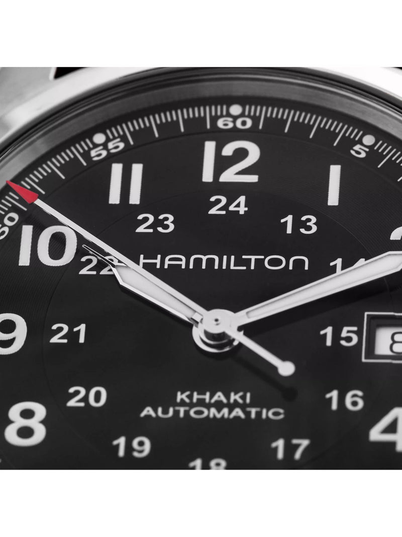 Hamilton Khaki Field automatic watch black dial brown leather strap 42mm, imported from the UK