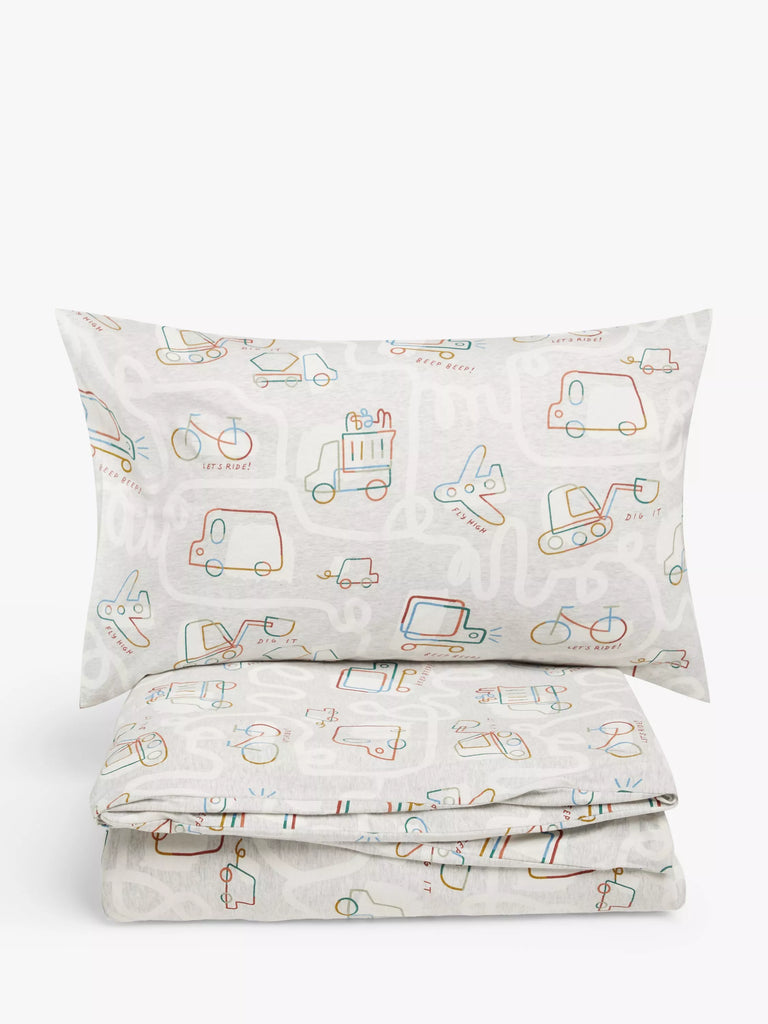 John Lewis Beep Transport Toddler Pure Cotton Print Duvet Cover & Pillowcase Set, Cotbed (120 x 140cm)