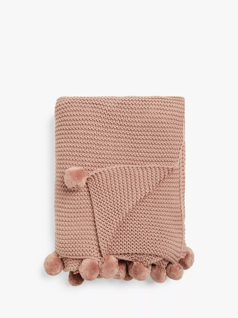 John Lewis Knitted Pom Pure Cotton Throw - Purple