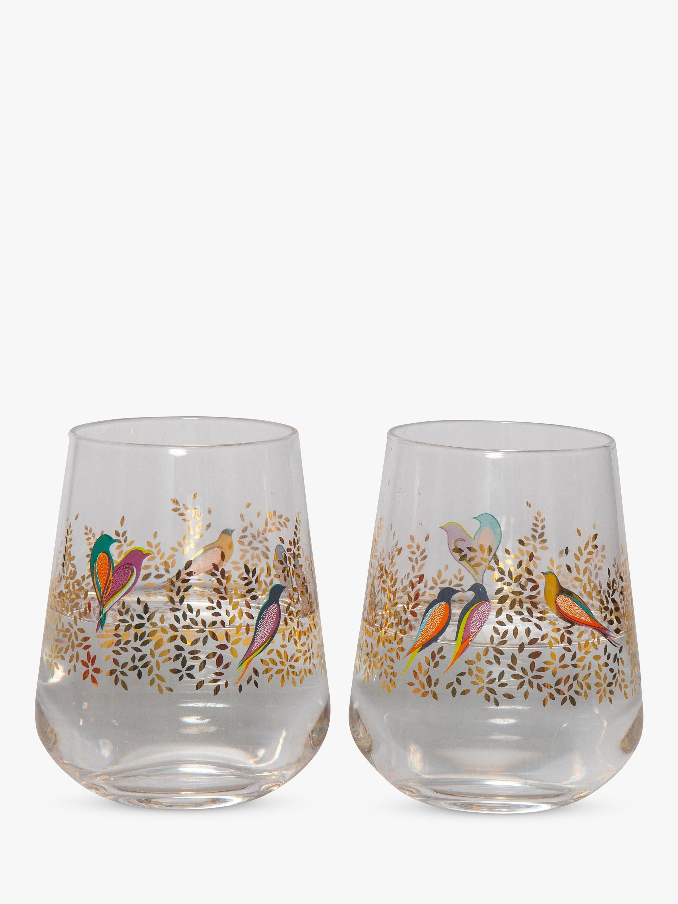 Sara Miller Birds pattern glass tumblers set of two 410ml clear and multi (British brand)