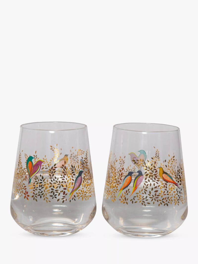 Sara Miller Birds pattern glass tumblers set of two 410ml clear and multi (British brand)