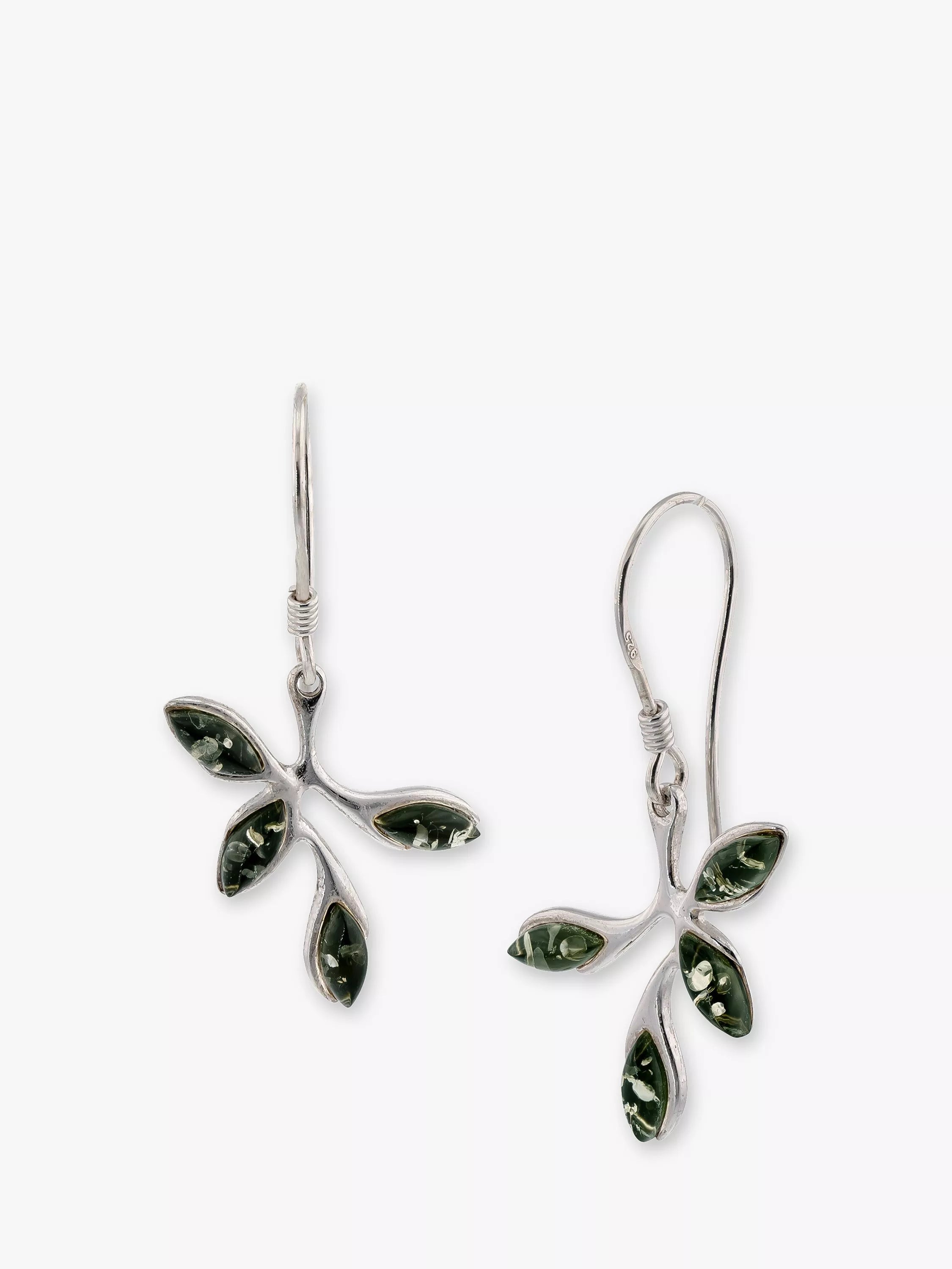 Be-Jewelled green Baltic amber leaf drop earrings, imported from the UK