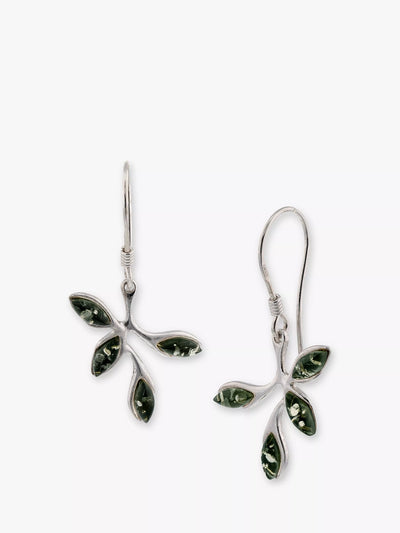 John Lewis Be-Jewelled Sterling Silver Green Baltic Amber Leaf Drop Earrings- Buy online at McGrocer