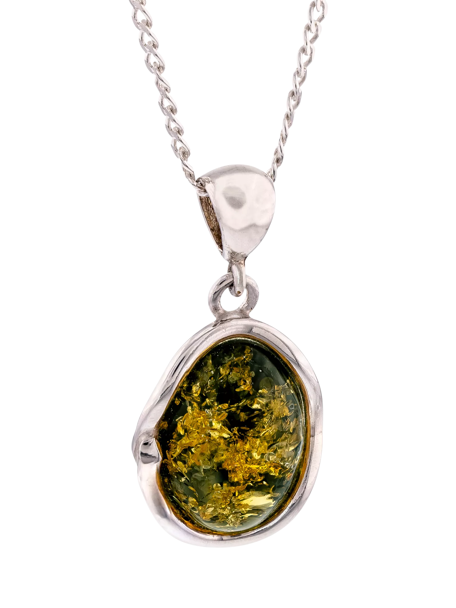 Be-Jewelled sterling silver Baltic amber oval pendant necklace green - British product