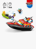 LEGO fire rescue boat toy set with minifigures, 144 pieces, UK version
