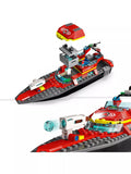 LEGO fire rescue boat toy set with minifigures, 144 pieces, UK version