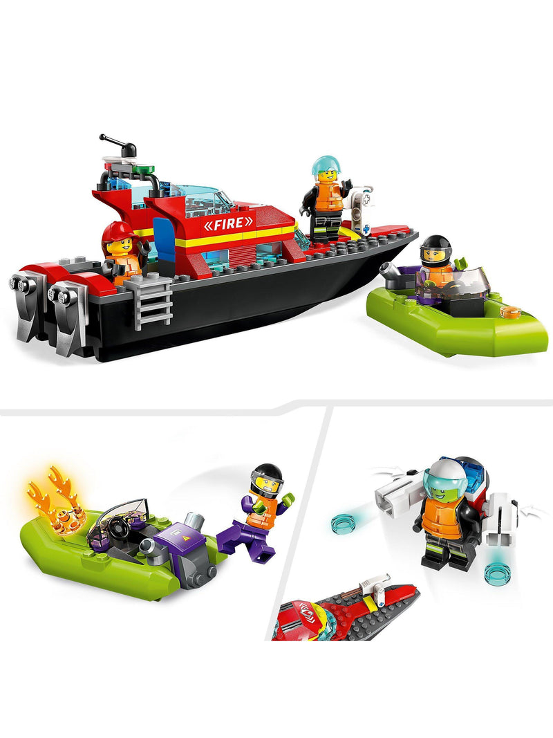 LEGO fire rescue boat toy set with minifigures, 144 pieces, UK version