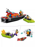 LEGO fire rescue boat toy set with minifigures, 144 pieces, UK version