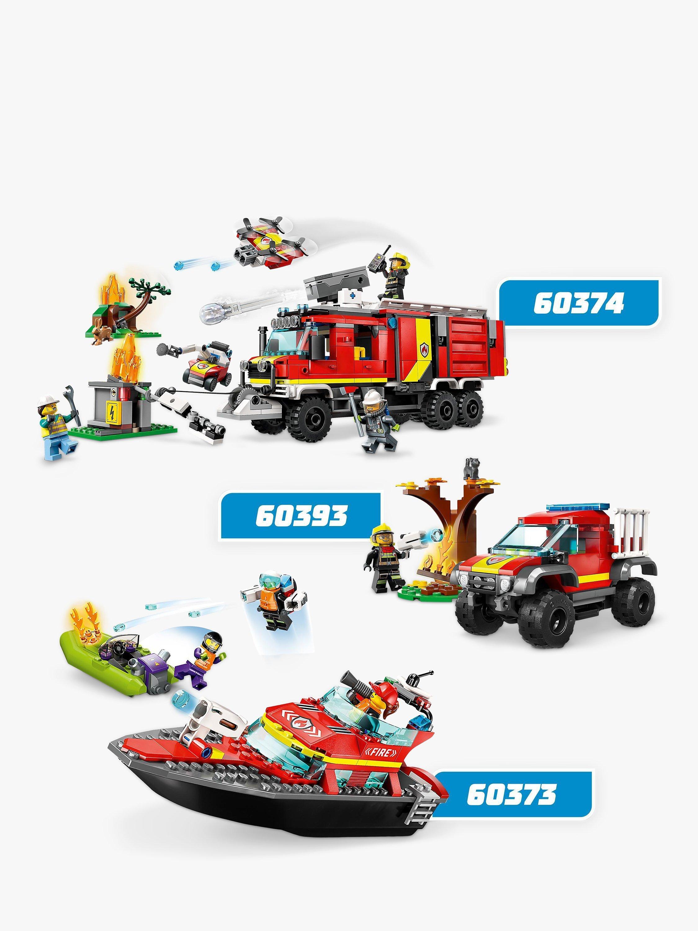 LEGO fire rescue boat toy set with minifigures, 144 pieces, UK version