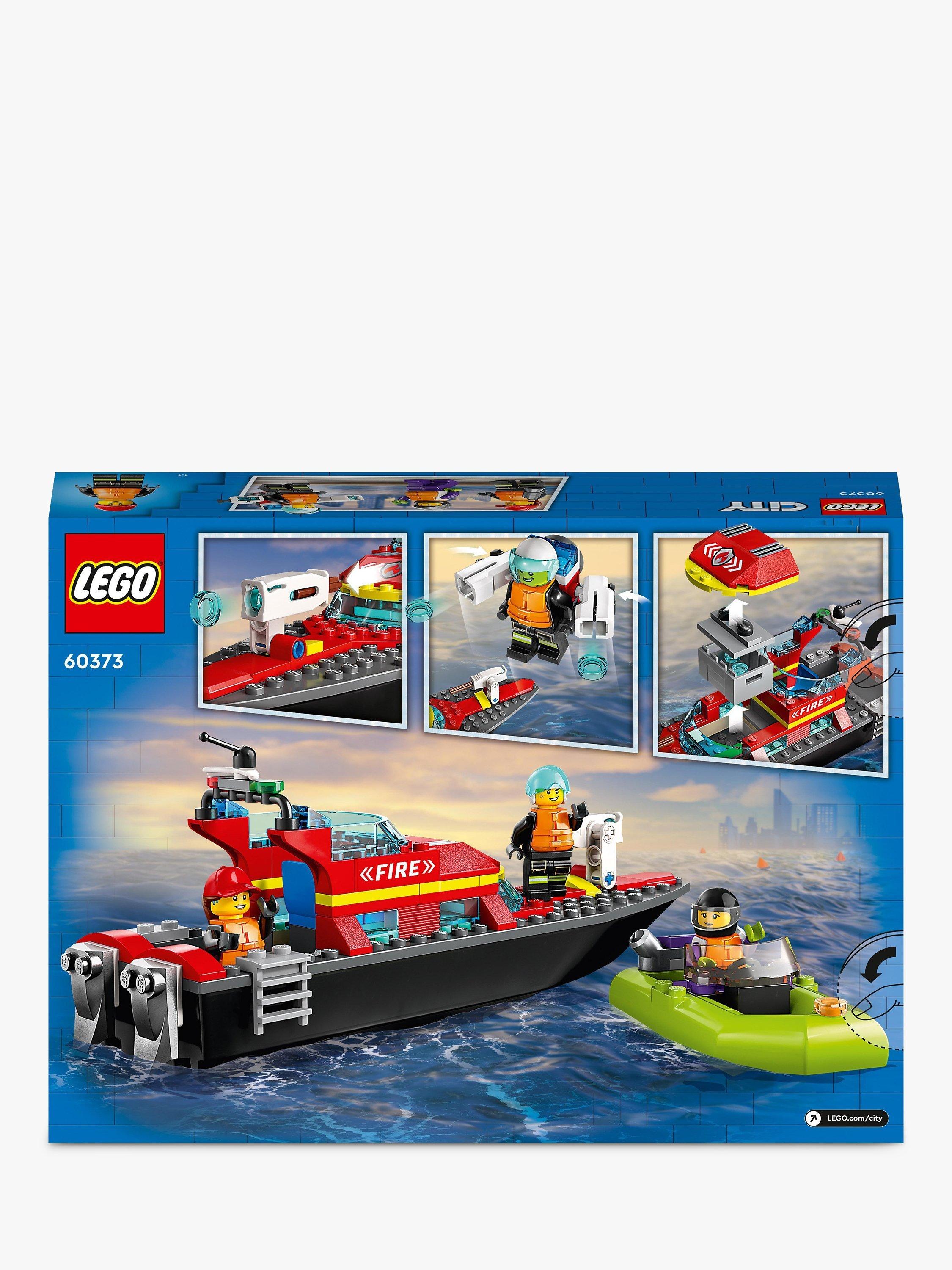 LEGO fire rescue boat toy set with minifigures, 144 pieces, UK version