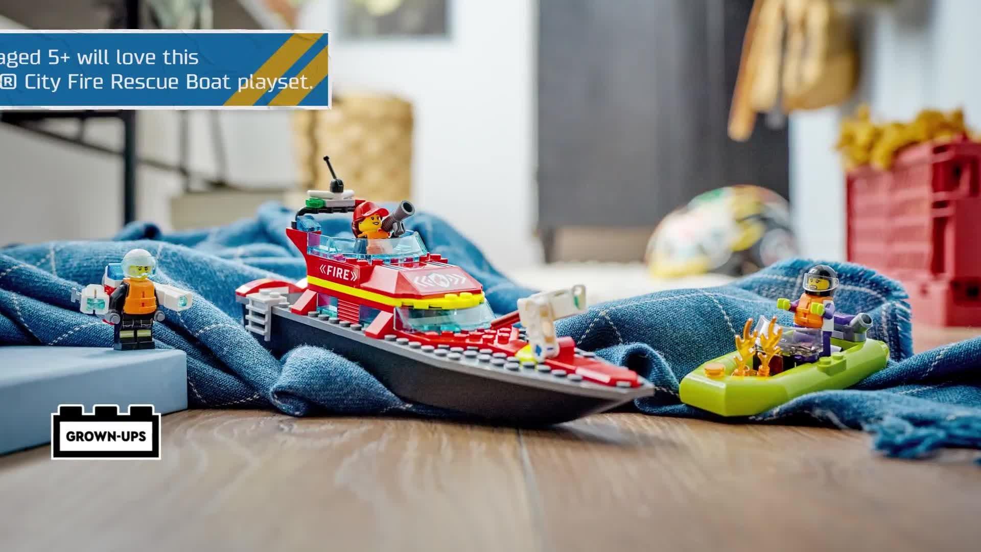 LEGO fire rescue boat toy set with minifigures, 144 pieces, UK version