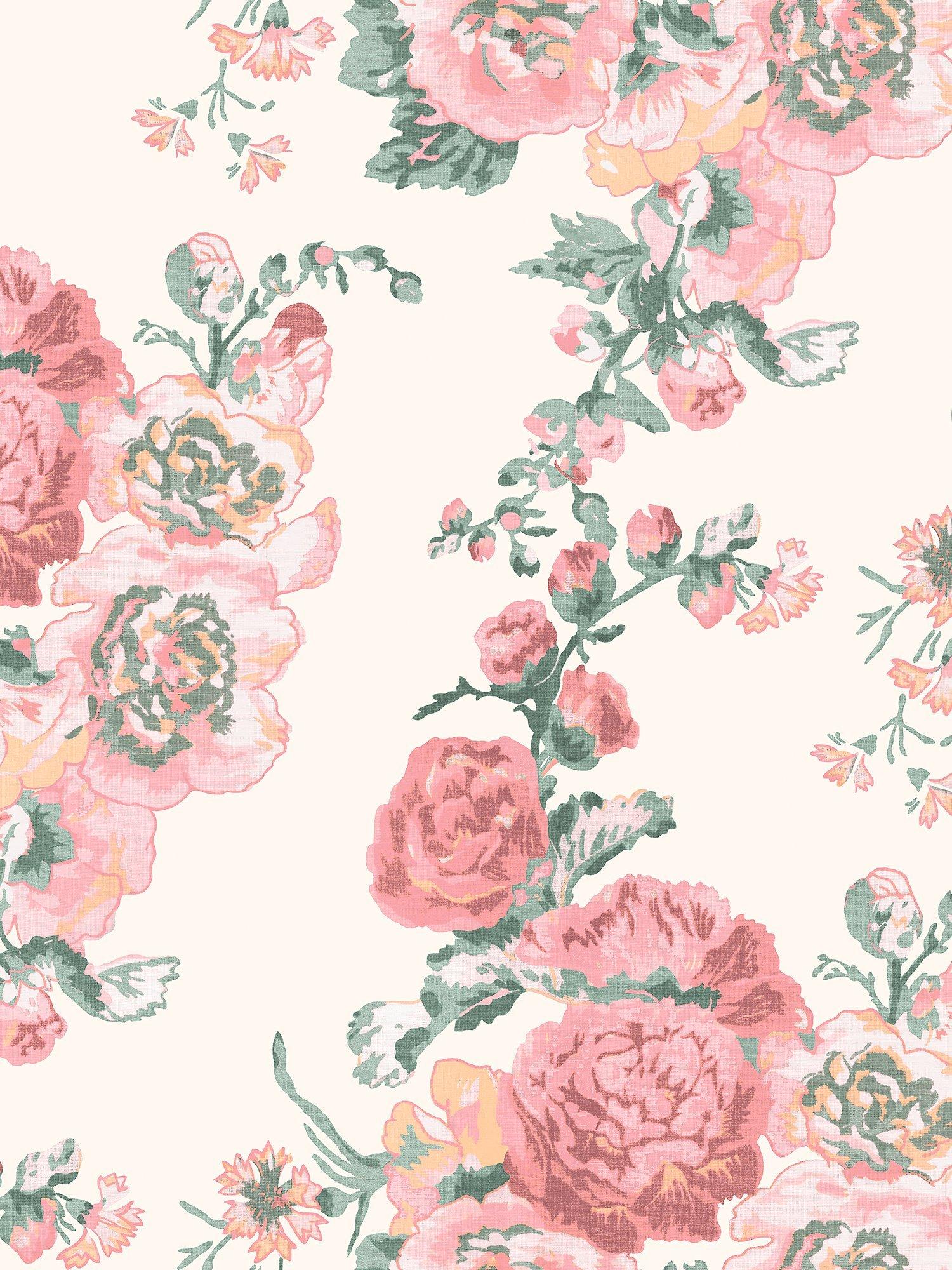 Rustic Hollyhocks Wallpaper with Pink and Natural Colour Palette