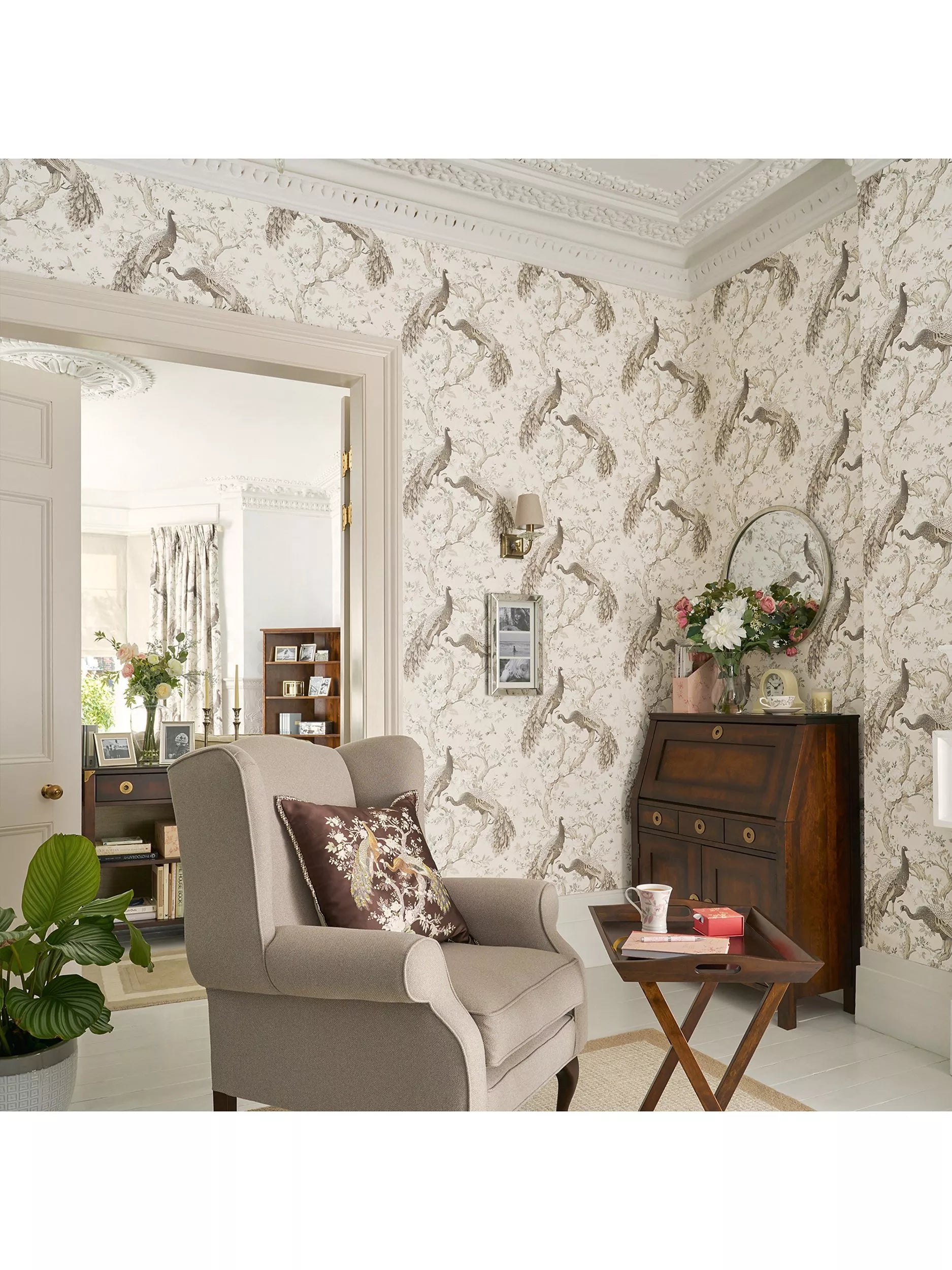 Laura Ashley Belvedere wallpaper with peacock design, UK version